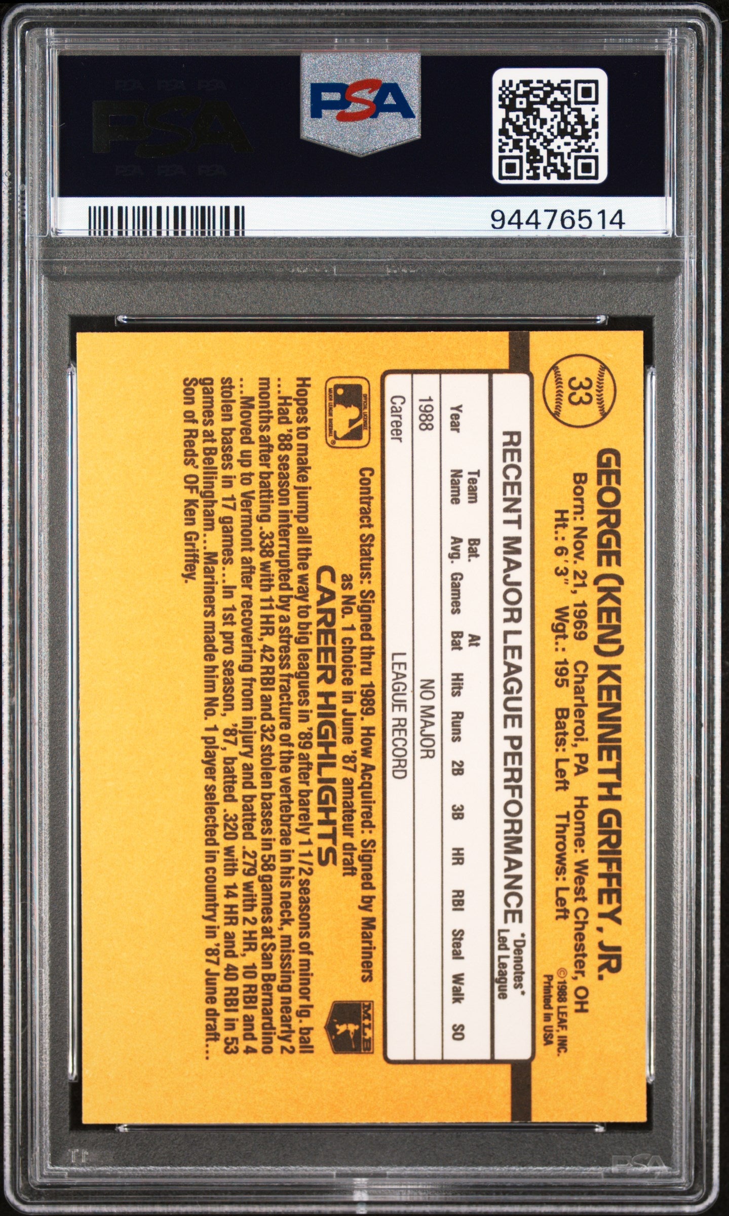 1989 Donruss Ken Griffey JR. #33 PSA 8