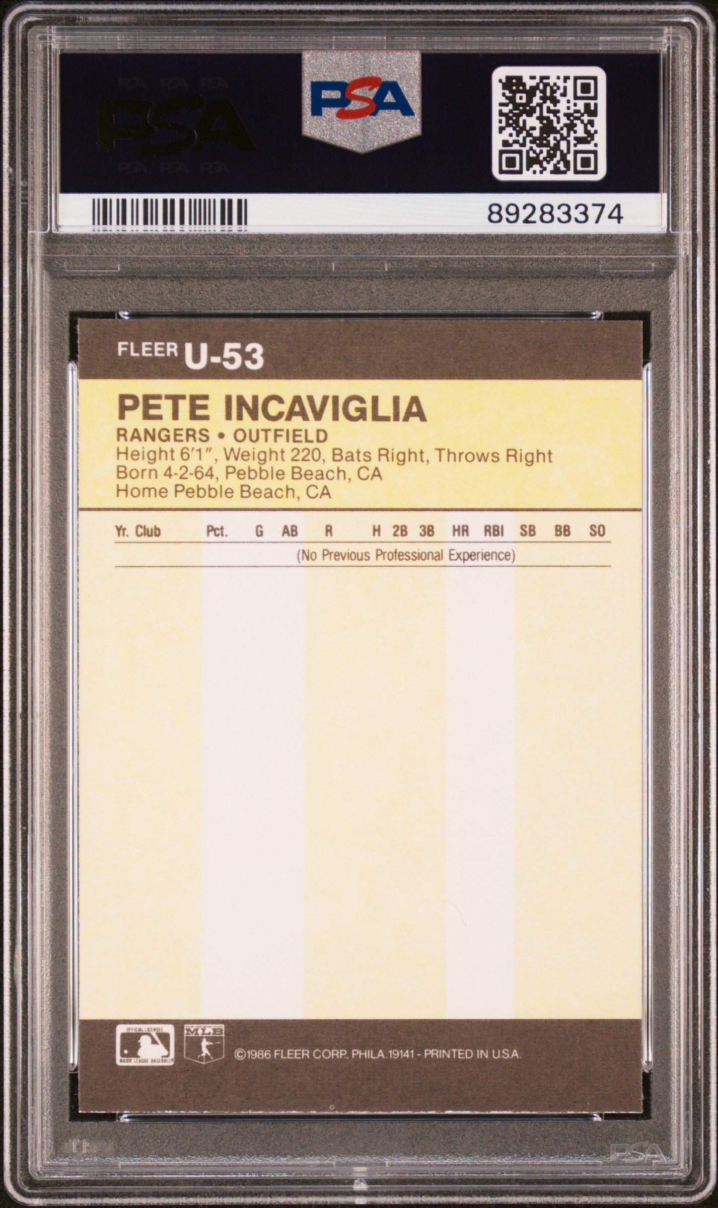 1986 Fleer Update Pete Incaviglia #U-53 PSA 9