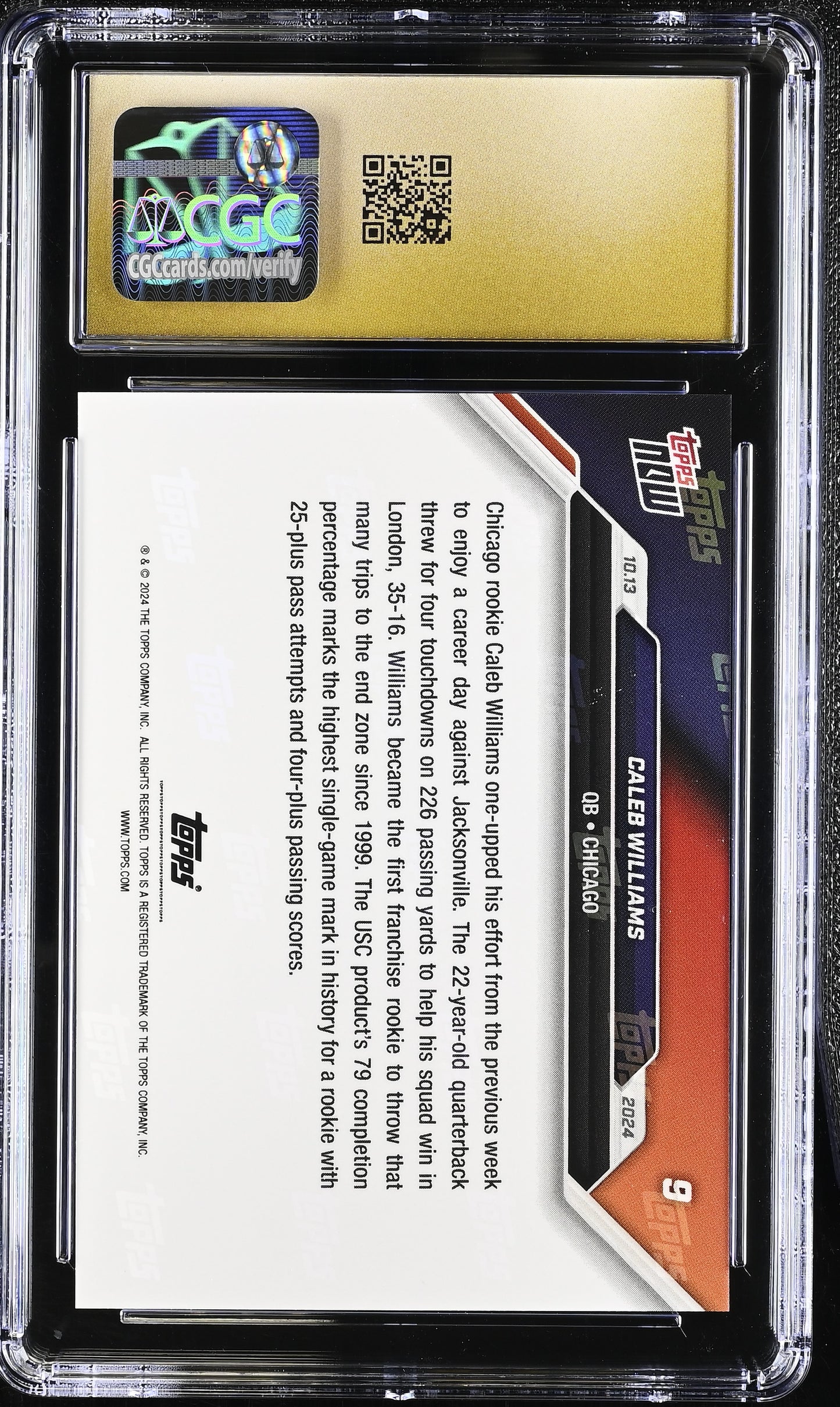 2024 Topps Now Caleb Williams #9 CGC 10 Pristine Black Label