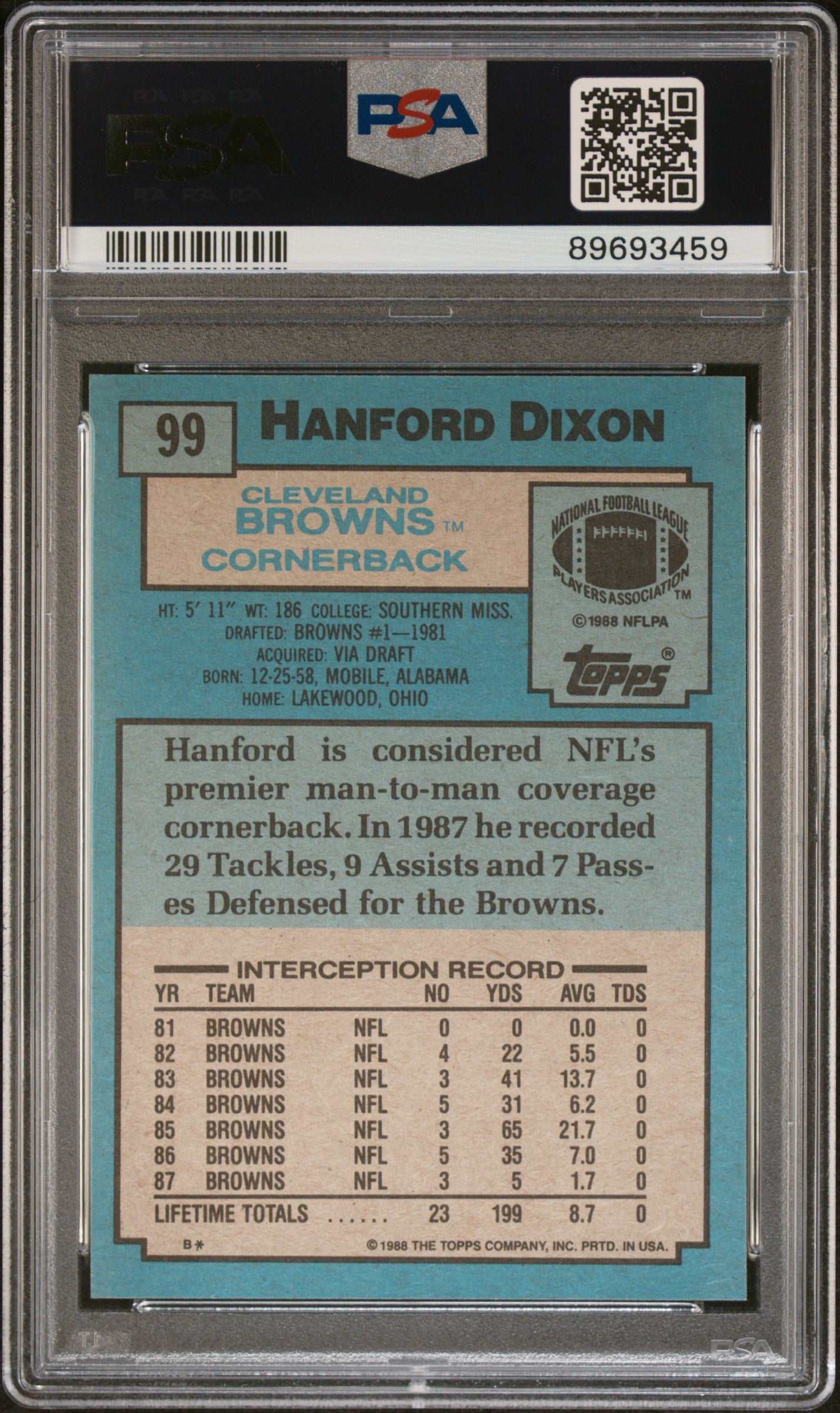 1988 Topps Hanford Dixon #99 PSA 9