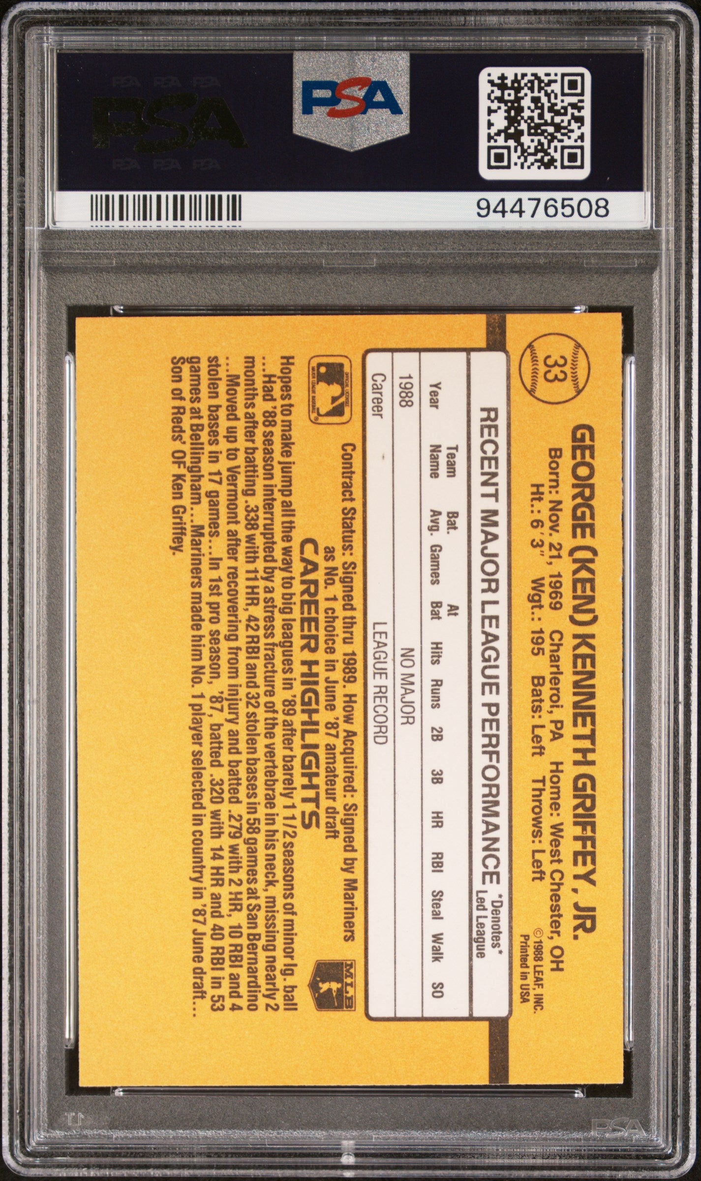 1989 Donruss Ken Griffey JR. #33 PSA 8