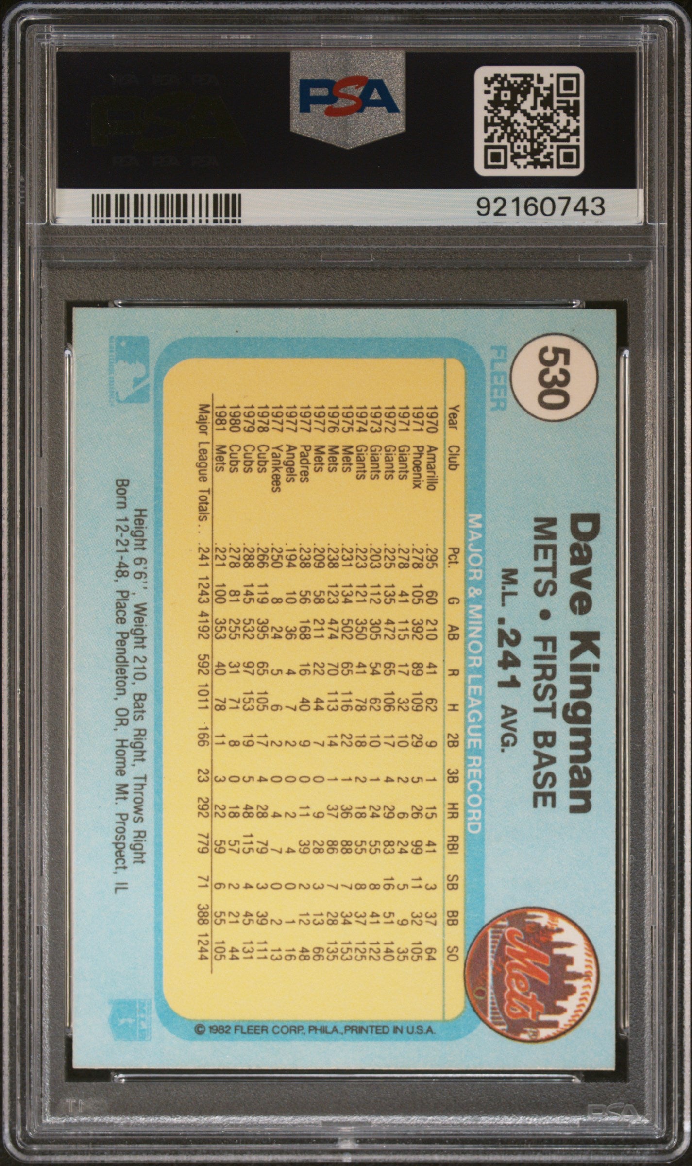 1982 Fleer Dave Kingman #530 PSA 8