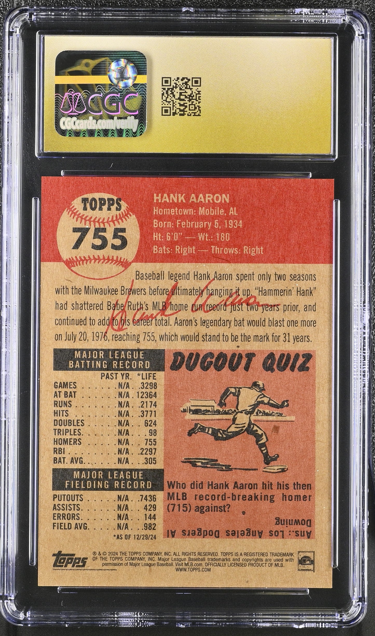 2024 Topps Living Set Hank Aaron #755 CGC 10 Pristine Black Label