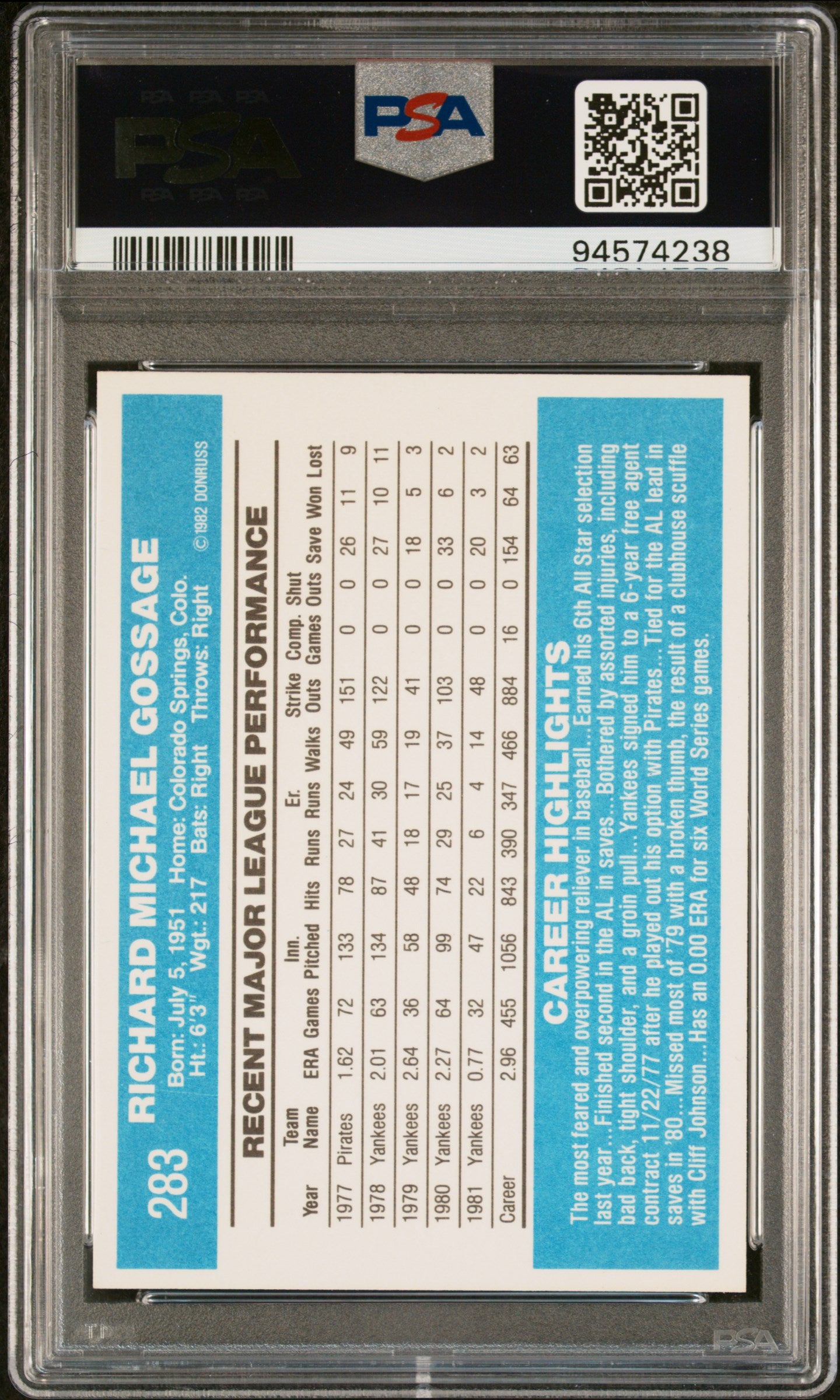 1982 Donruss Rich Gossage #283 PSA 8