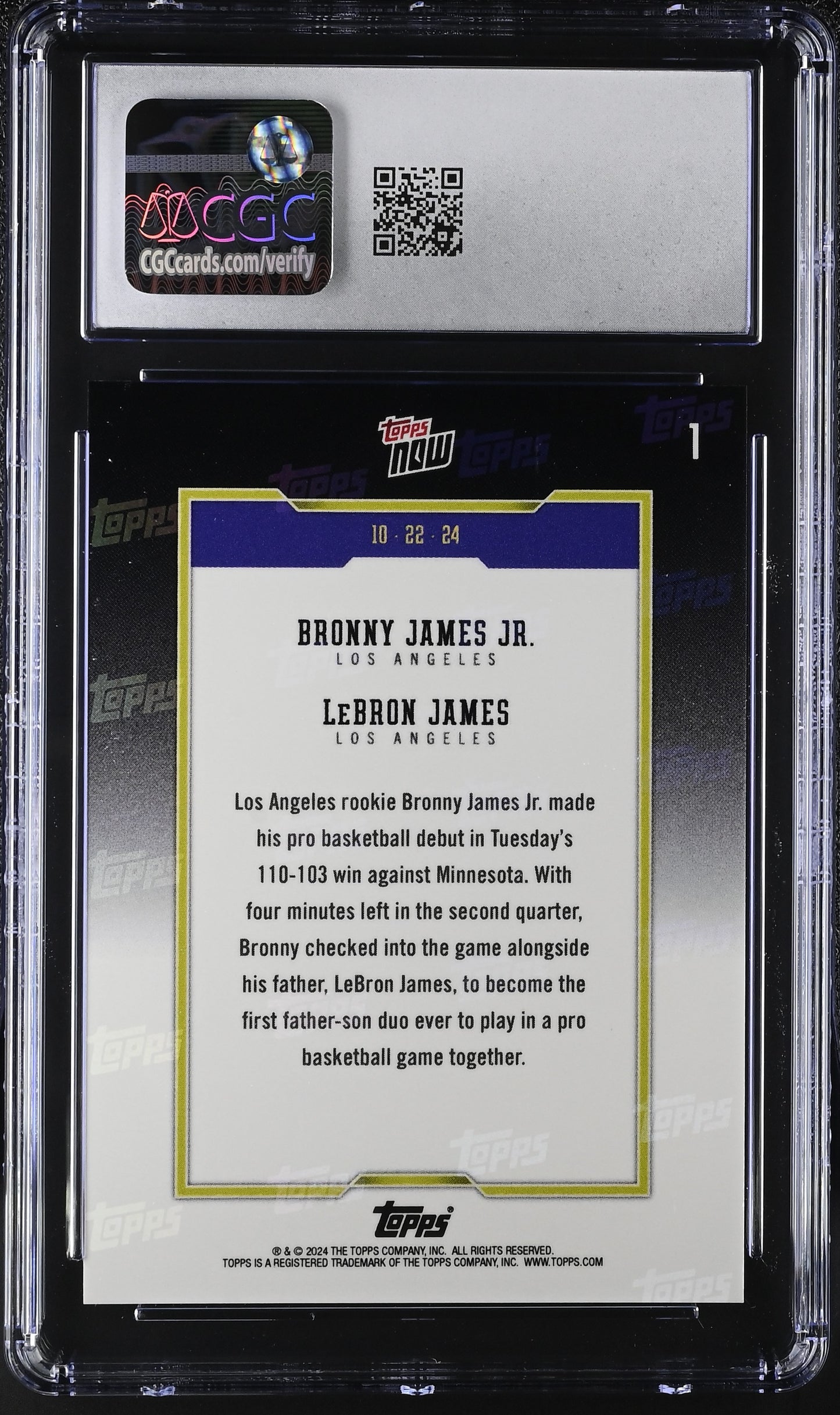2024-25 Topps Now Bronny James Jr./LeBron James #1 CGC 10