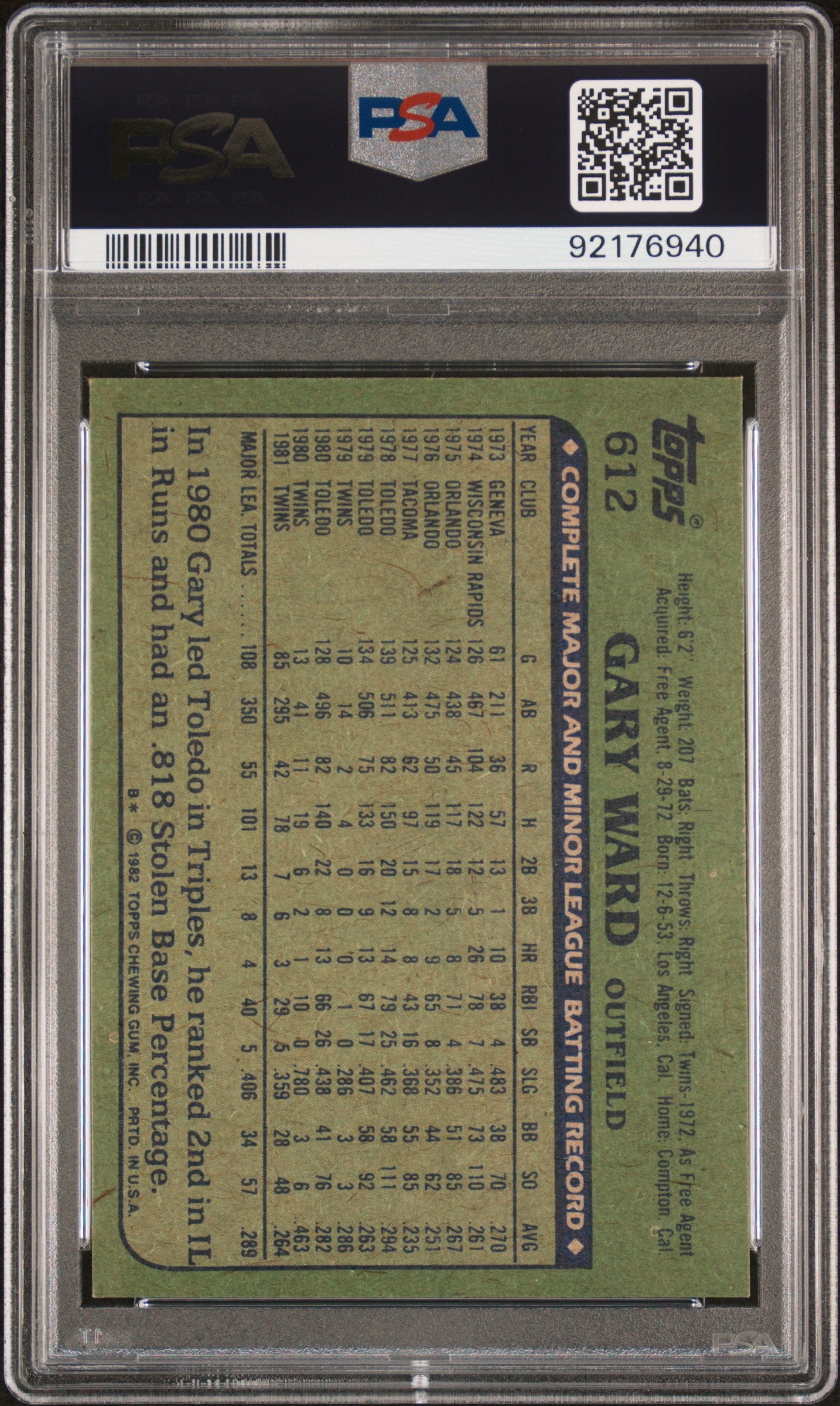 1982 Topps Gary Ward #612 PSA 8