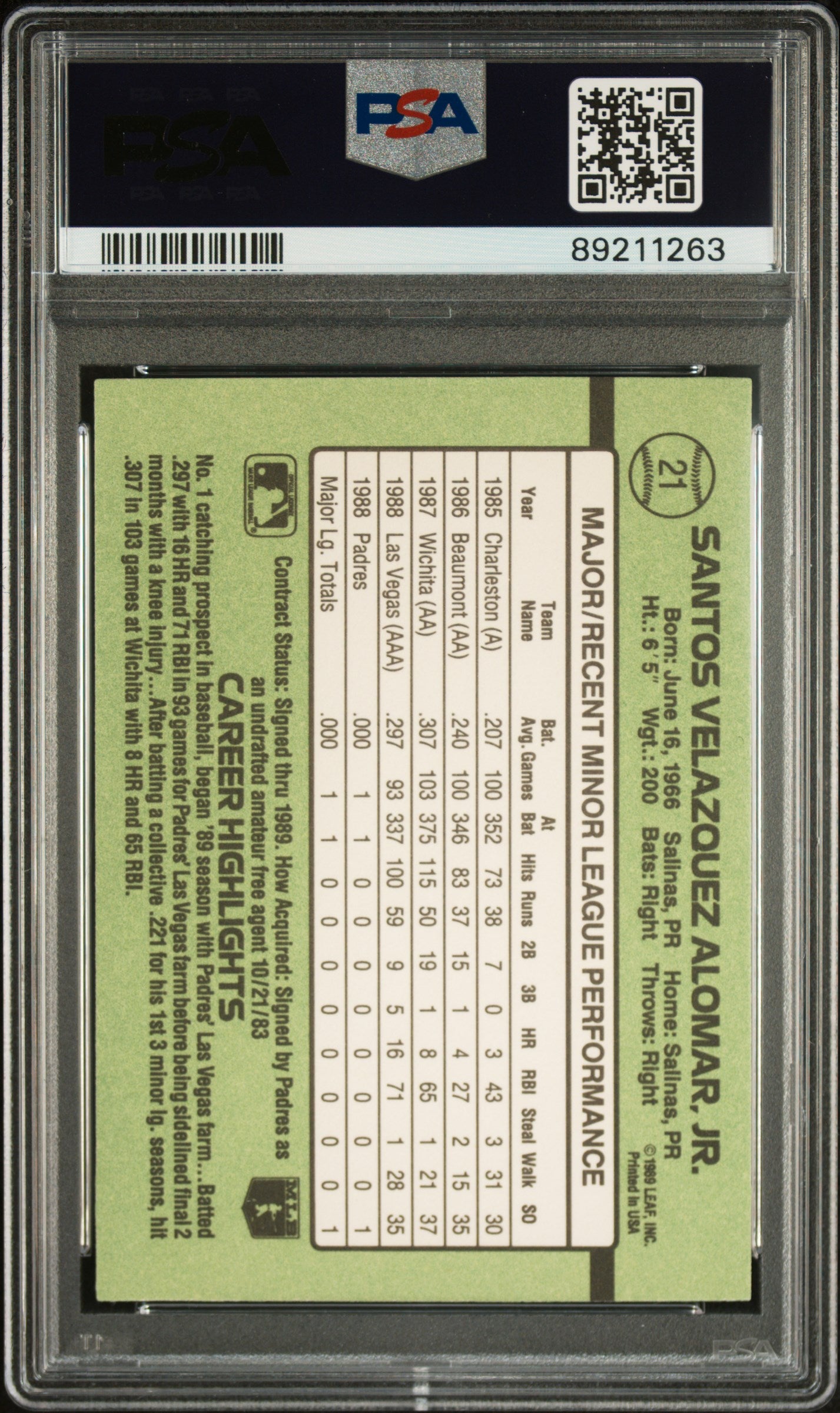 1989 Donruss Rookies Sandy Alomar JR. #21 PSA 8