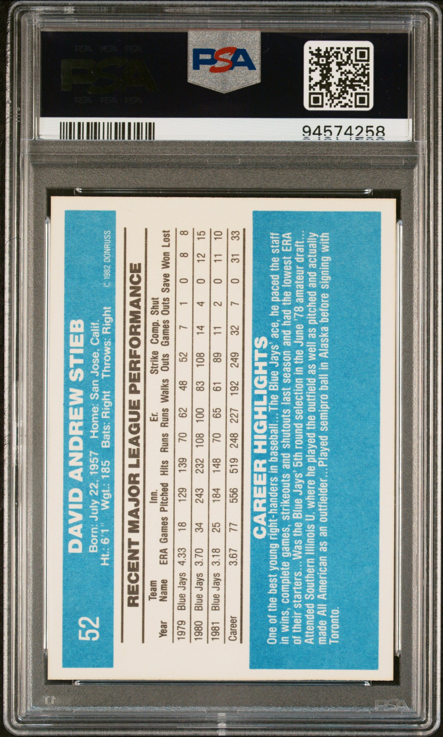 1982 Donruss Dave Stieb #52 PSA 9