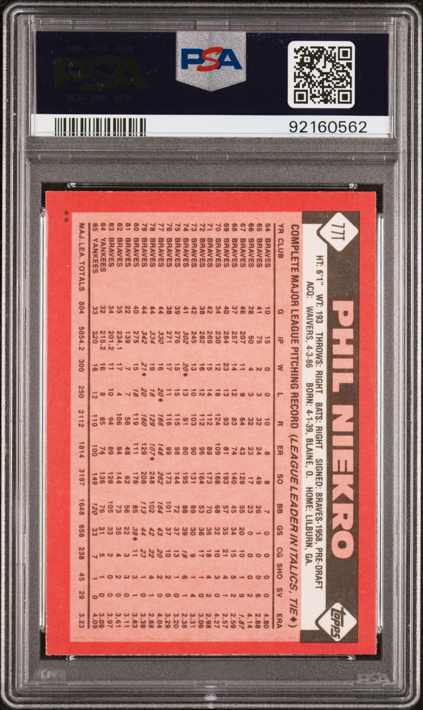 1986 Topps Traded Phil Niekro #77T PSA 9