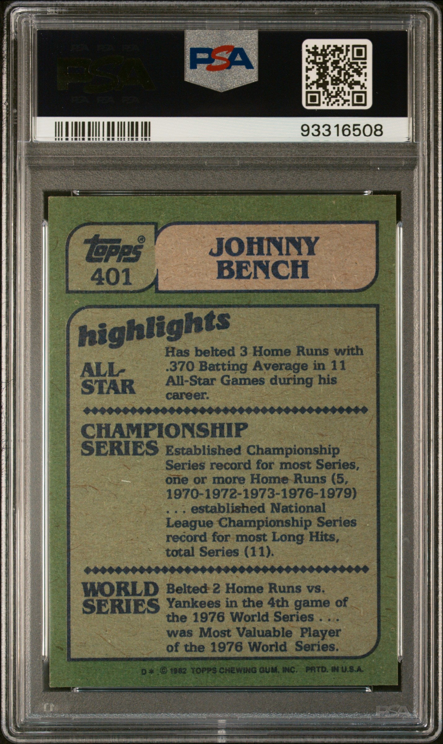 1982 Topps Johnny Bench #401 In Action PSA 9