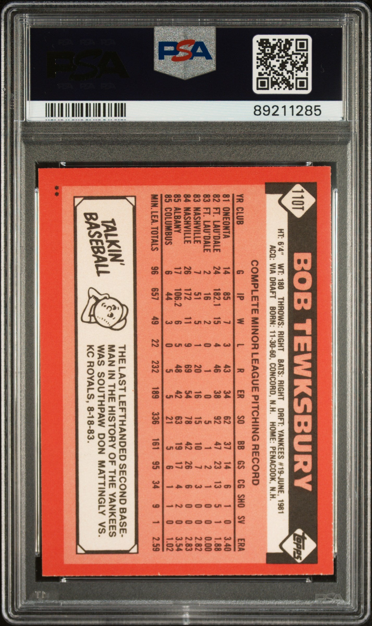 1986 Topps Traded Bob Tewksbury #110T PSA 9