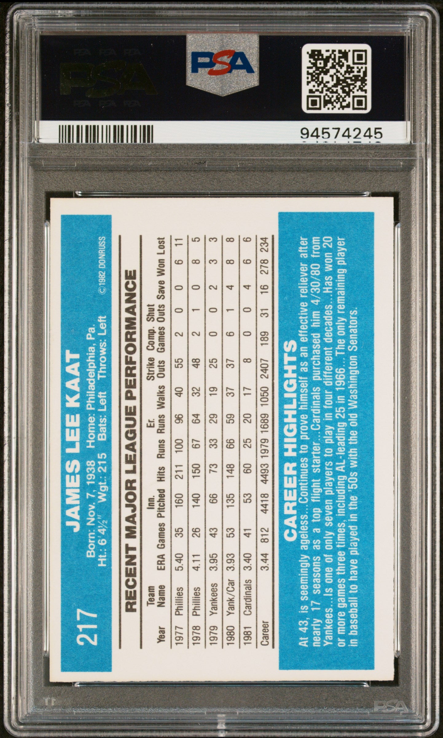 1982 Donruss Jim Kaat #217 PSA 9