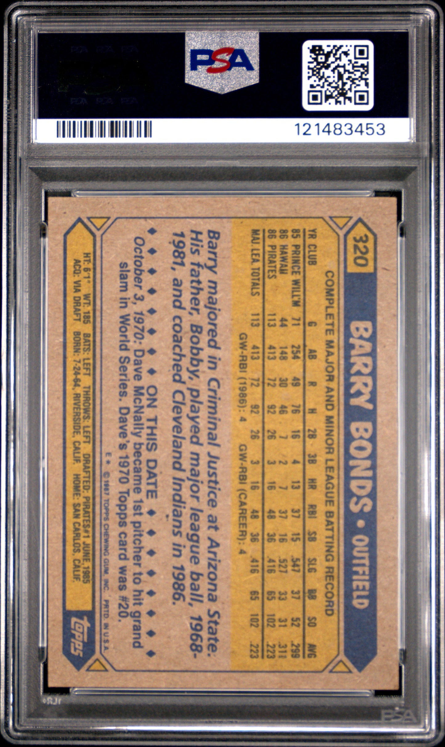 1987 Topps Barry Bonds #320 PSA 6