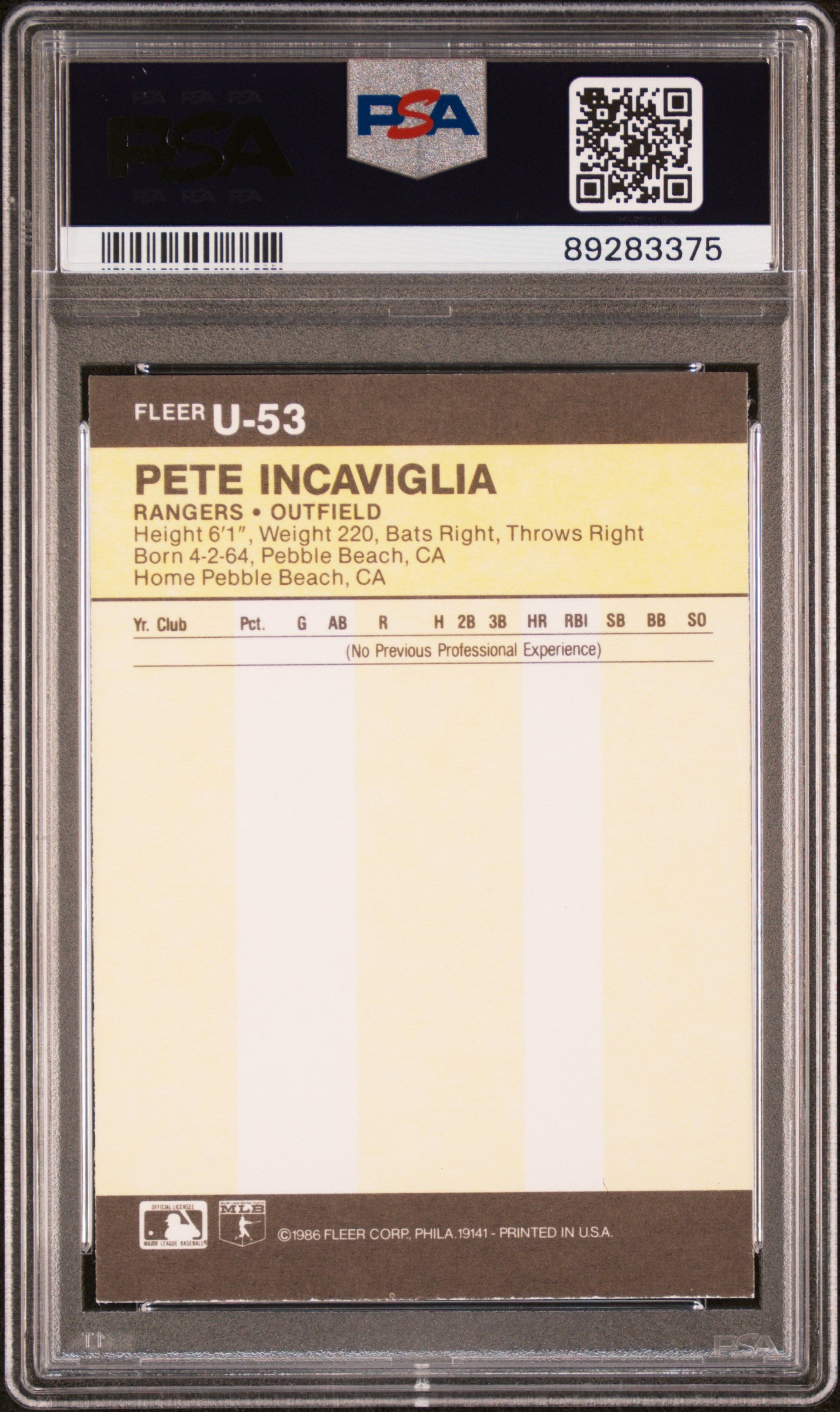 1986 Fleer Update Pete Incaviglia #U-53 PSA 9