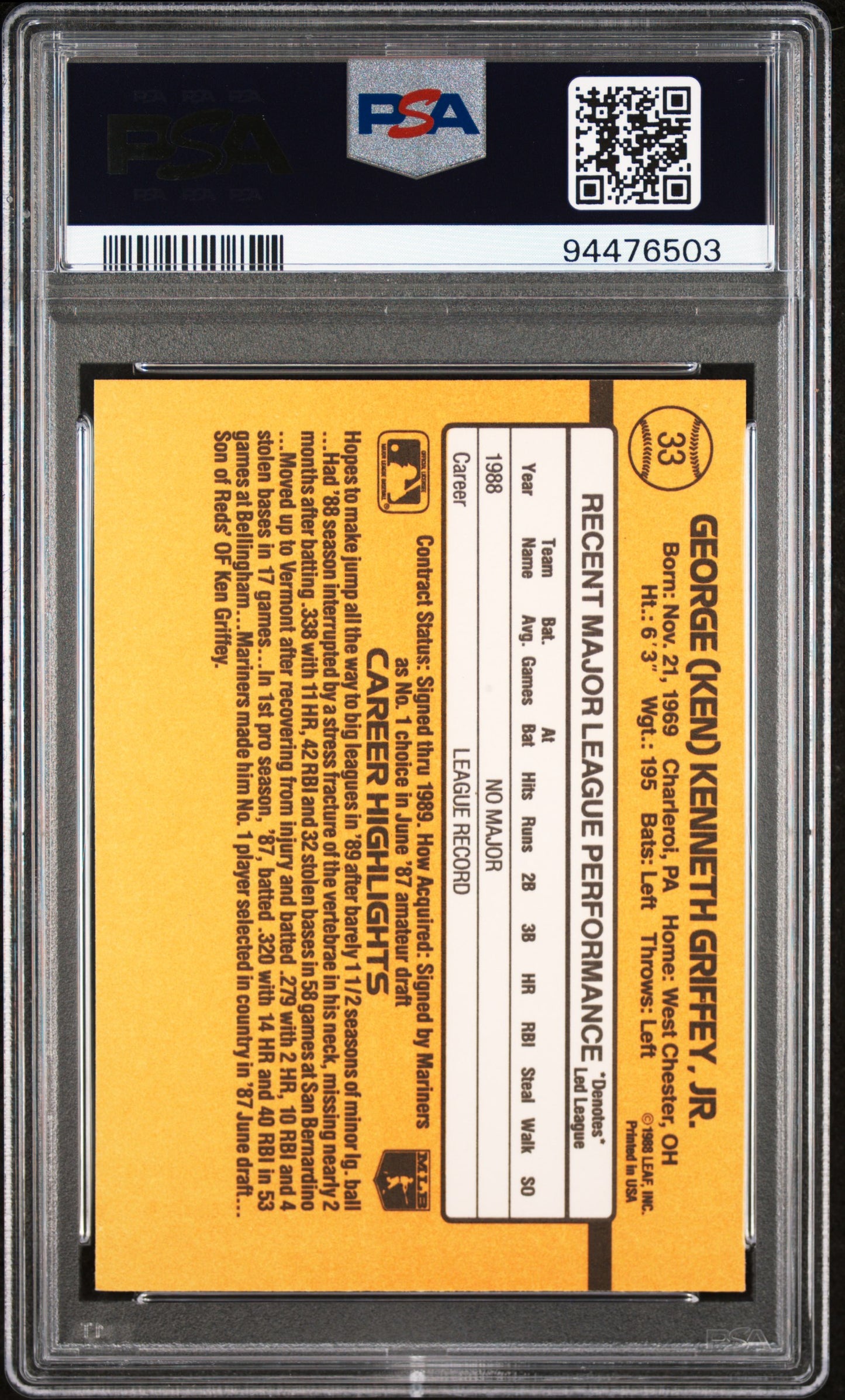 1989 Donruss Ken Griffey JR. #33 PSA 8