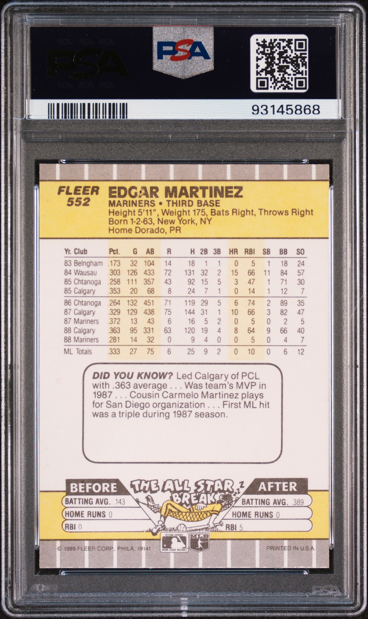1989 Fleer Edgar Martinez #552 PSA 9