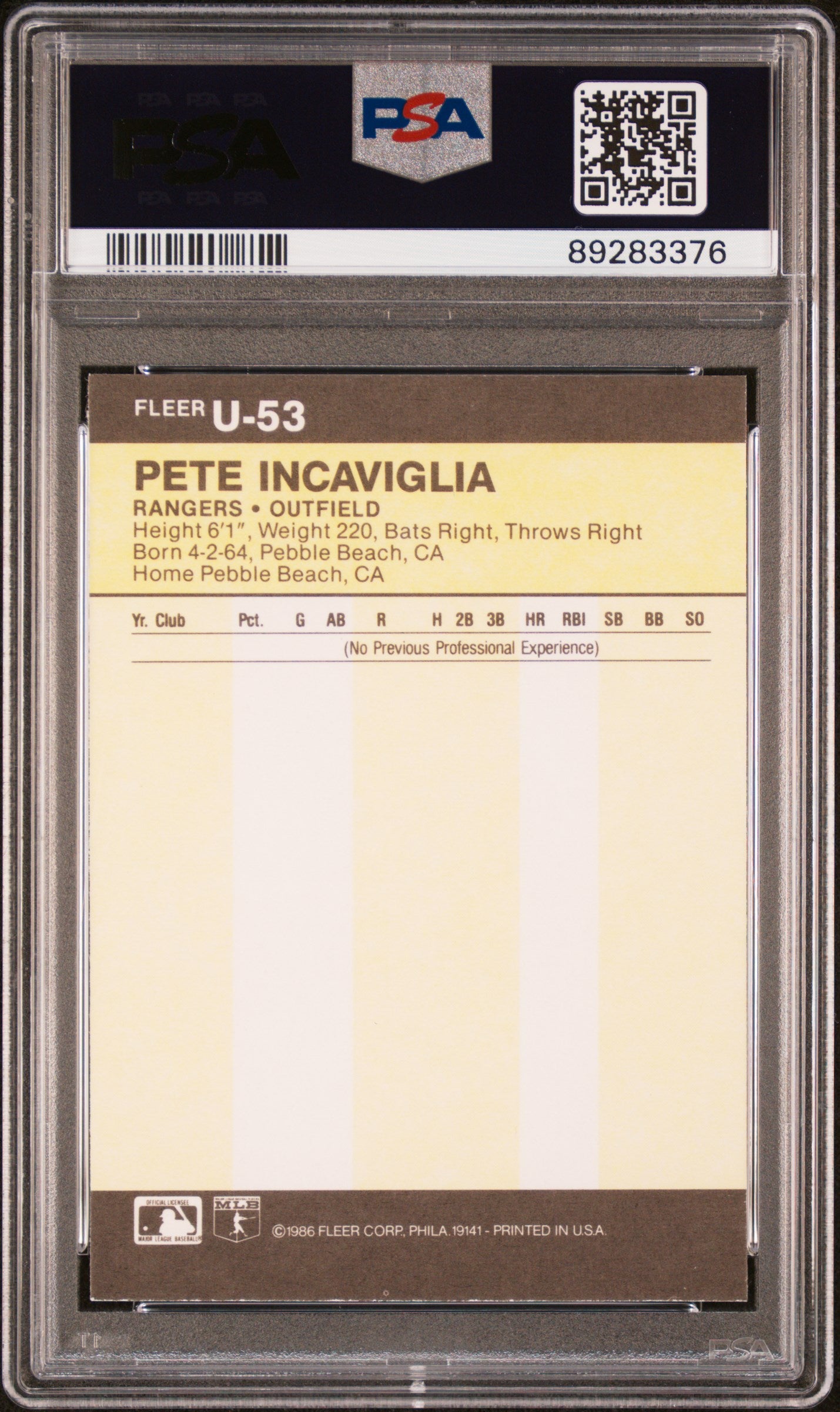 1986 Fleer Update Pete Incaviglia #U-53 PSA 9
