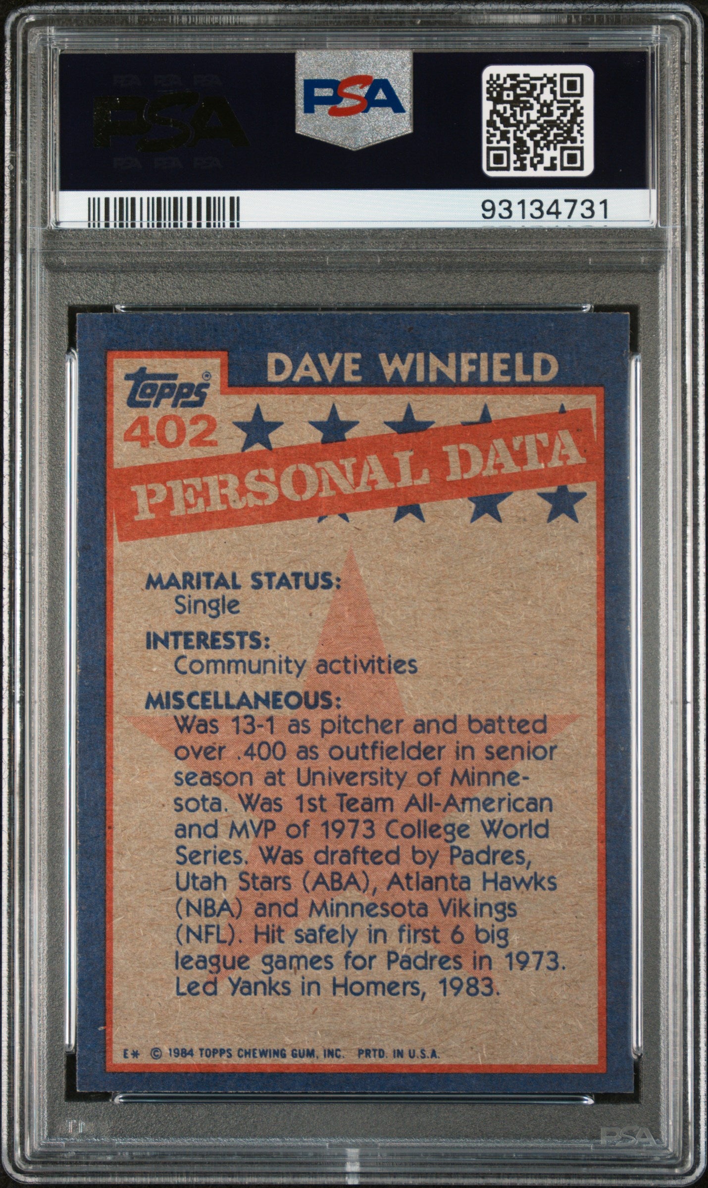 1984 Topps Dave Winfield #402 PSA 8