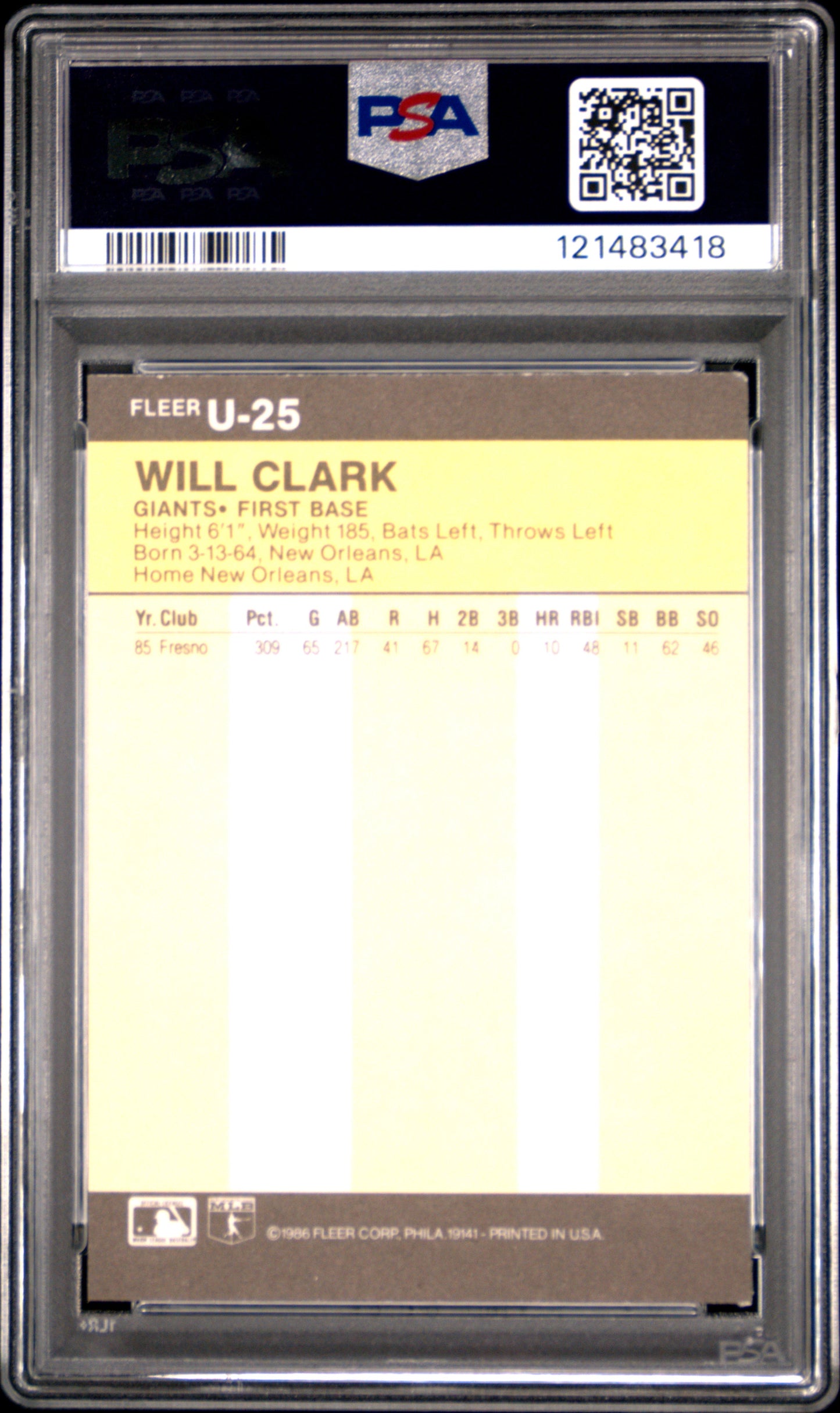 1986 Fleer Update Will Clark #U-25 PSA 5