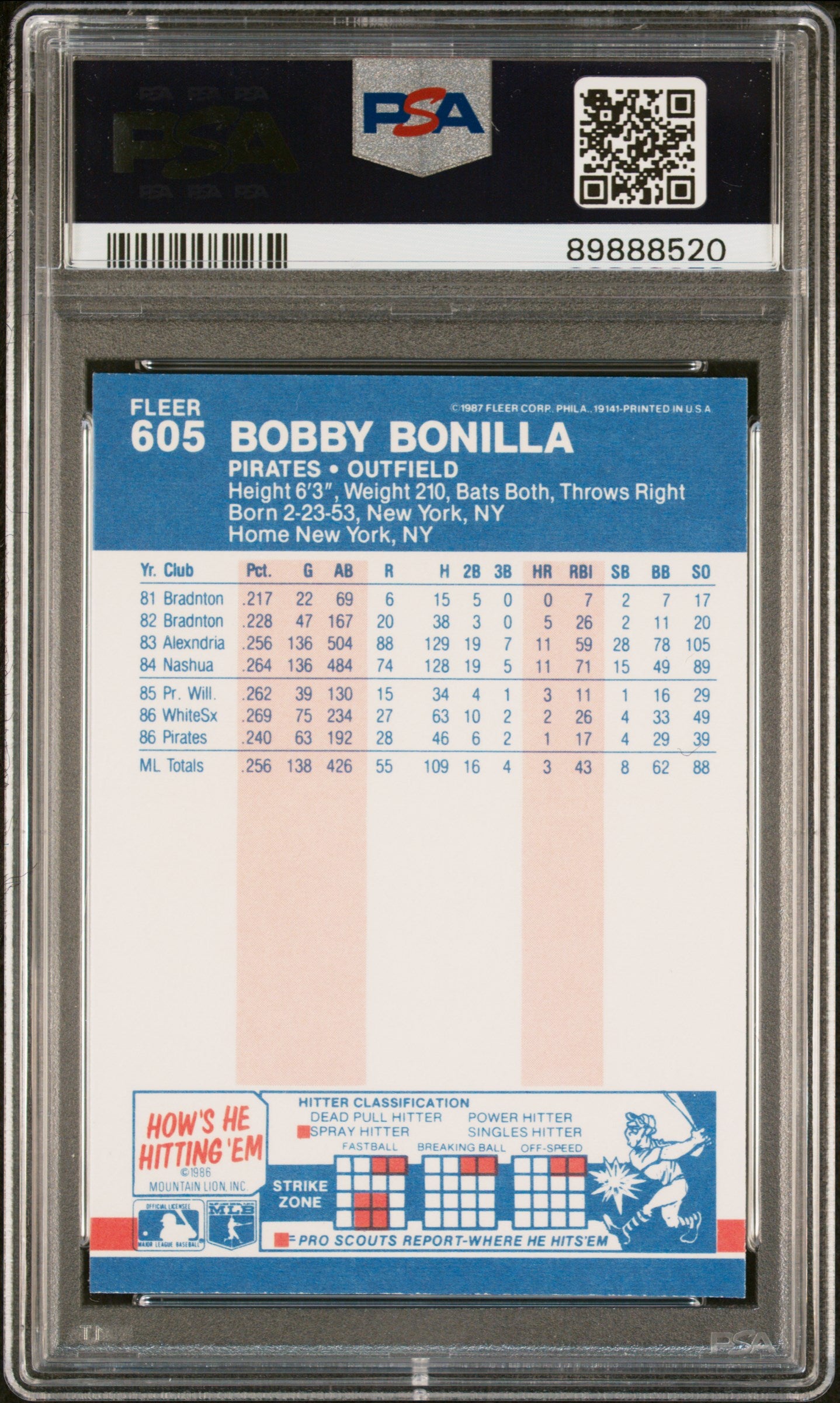 1987 Fleer Glossy Bobby Bonilla #605 PSA 9