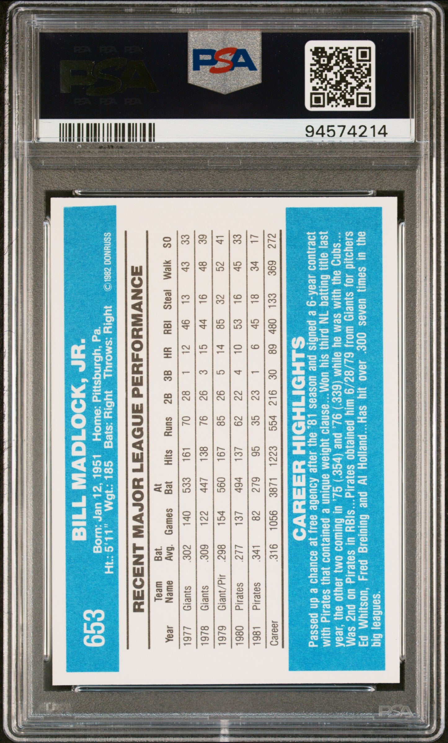 1982 Donruss Bill Madlock #653 PSA 9