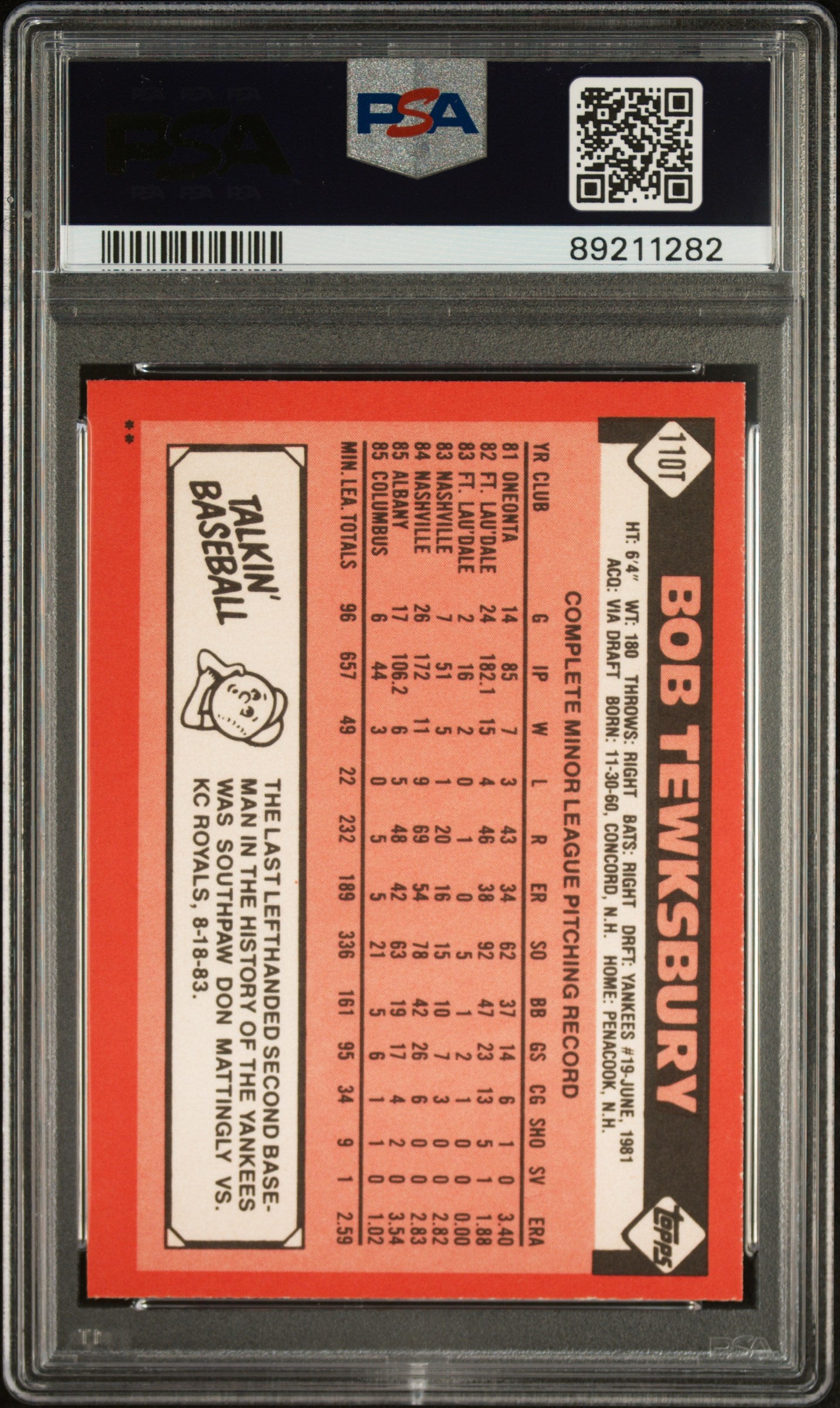 1986 Topps Traded Bob Tewksbury #110T PSA 9
