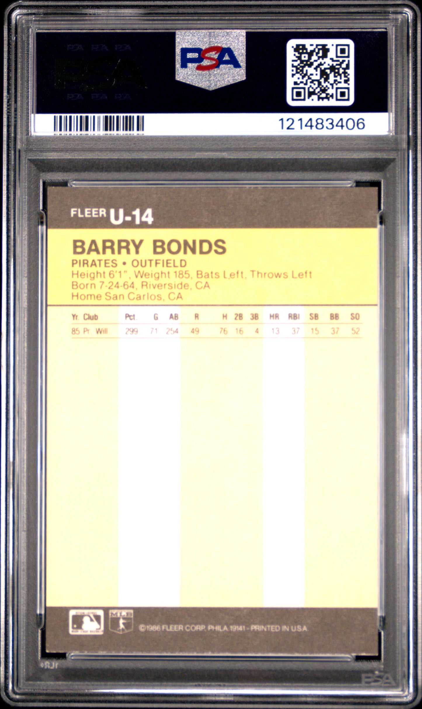 1986 Fleer Update Barry Bonds #U-14 PSA 8