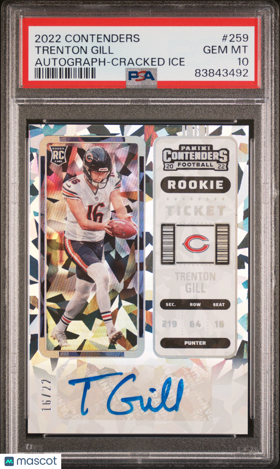 2022 Panini Contenders Trenton Gill #259 Auto Cracked Ice PSA 10 Jersey # Match