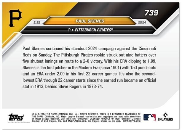 Paul Skenes 2nd Lowest ERA in 22 Starts Since 1913 2024 Topps Now Card #739