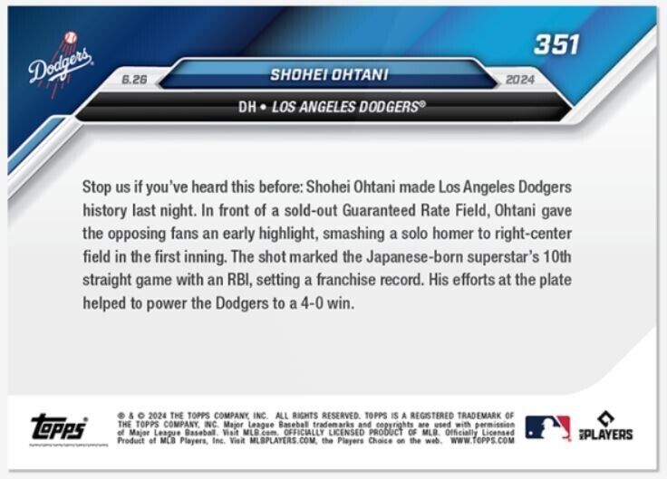 Shohei Ohtani 2024 Topps Now Card #351 Sets Los Angeles Dodgers Record for RBI's