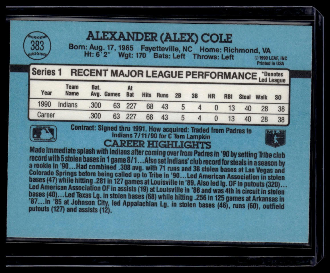 1991 Donruss #383a Alex Cole