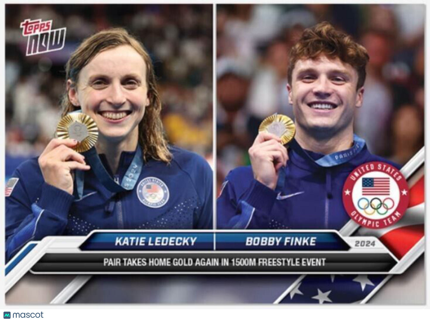 Katie Ledecky/Bobby Finke - 2024 Olympic Games TOPPS NOW Card #15 Team USA GOLD