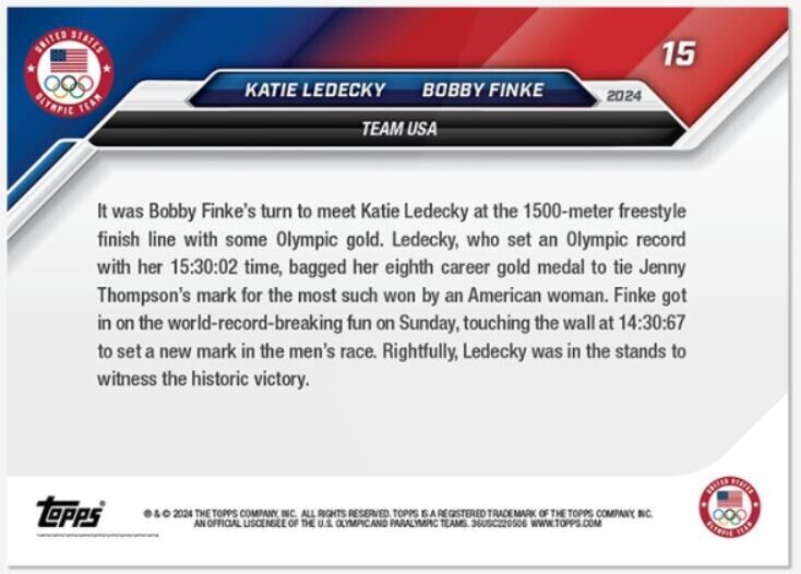 Katie Ledecky/Bobby Finke - 2024 Olympic Games TOPPS NOW Card #15 Team USA GOLD