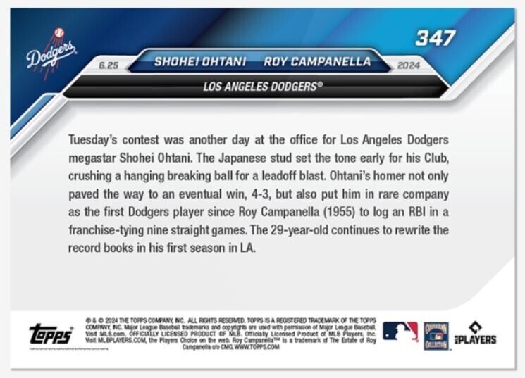 2024 Topps Now #347 Shohei Ohtani Roy Campanella Los Angeles Dodgers