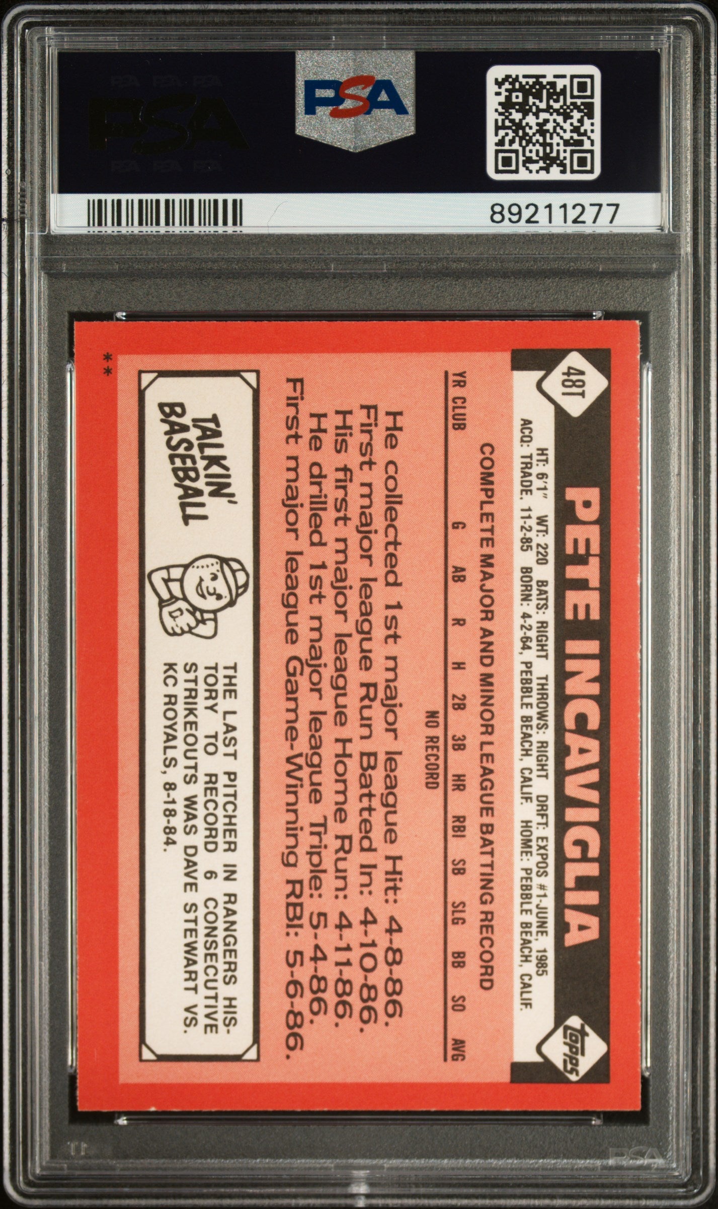 1986 Topps Traded Pete Incaviglia #48T PSA 9