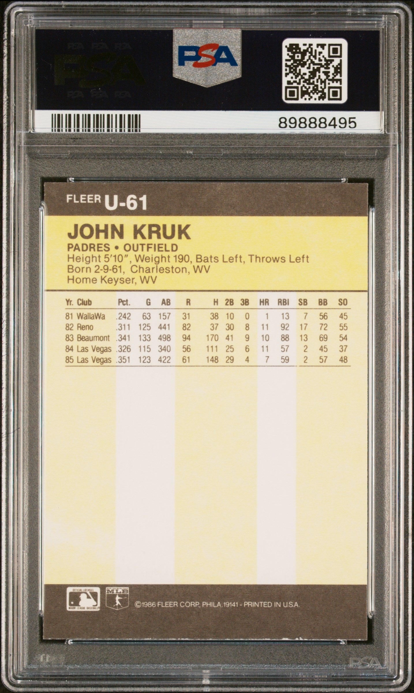 1986 Fleer Update John Kruk #U-61 PSA 9