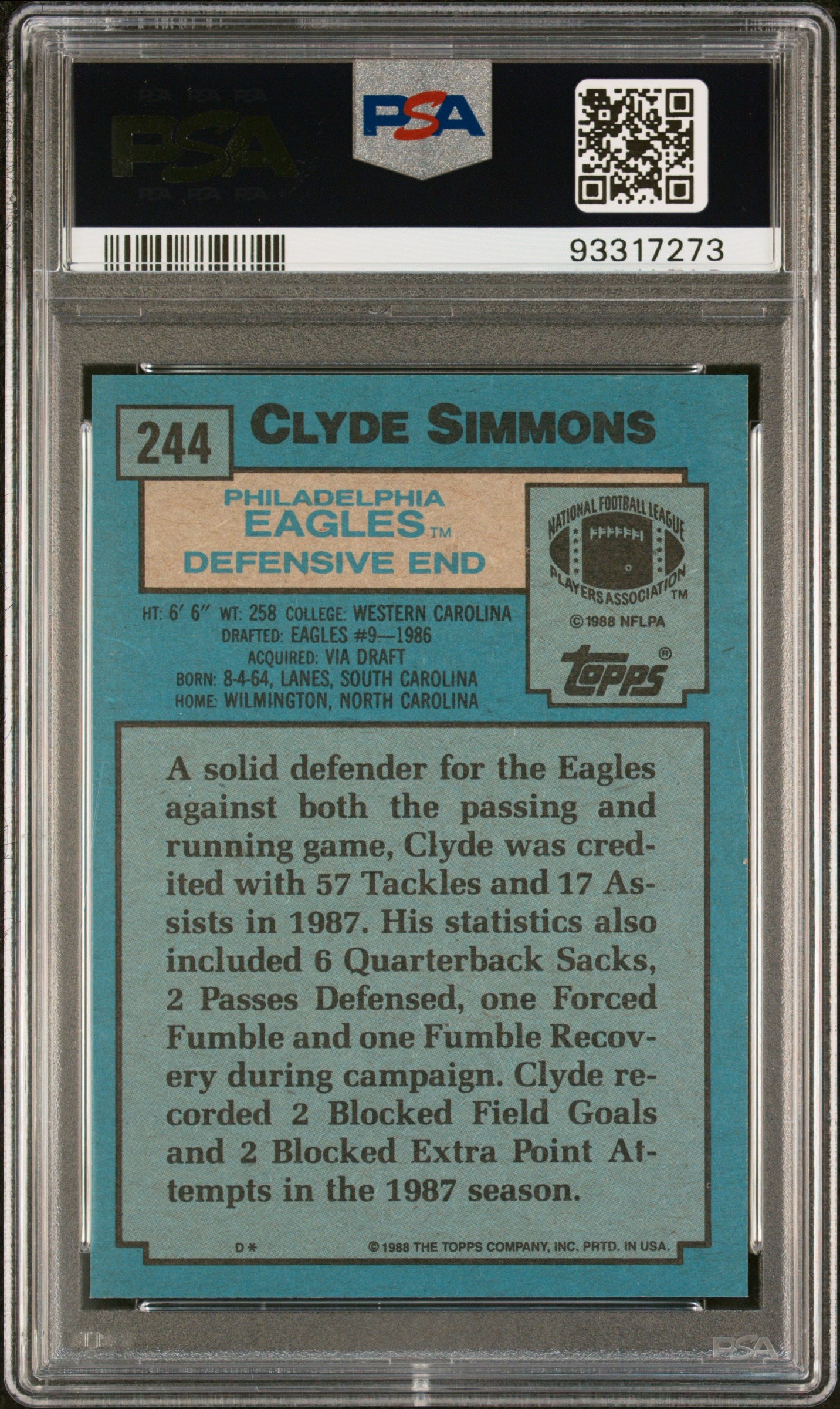1988 Topps Clyde Simmons #244 PSA 9