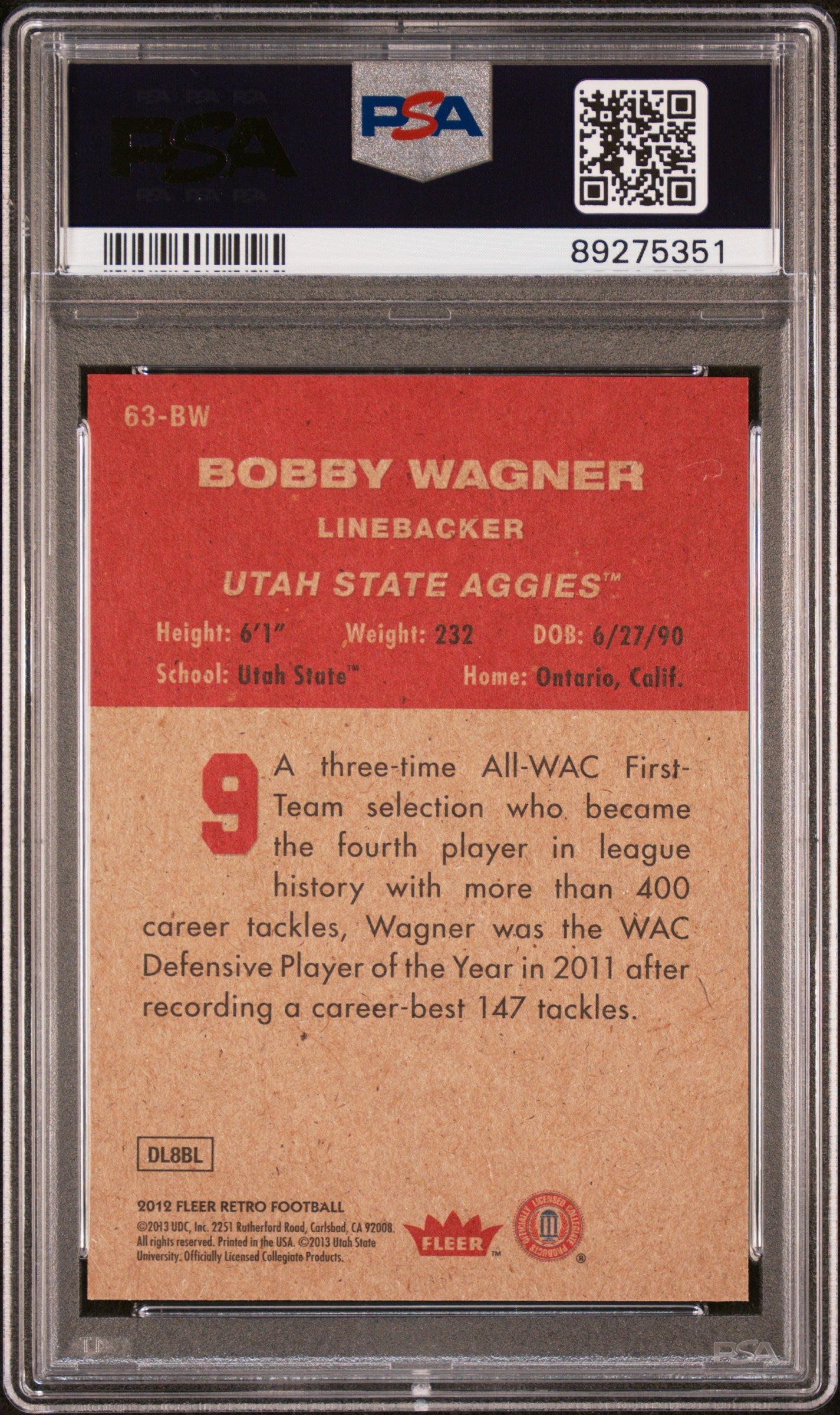 2012 Fleer Retro 1963 Fleer Inserts Bobby Wagner #63-BW PSA 8