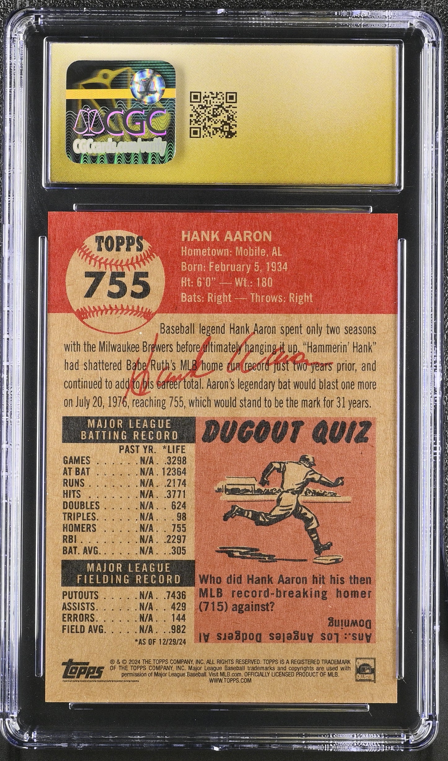 2024 Topps Living Set Hank Aaron #755 CGC 10 Pristine Black Label