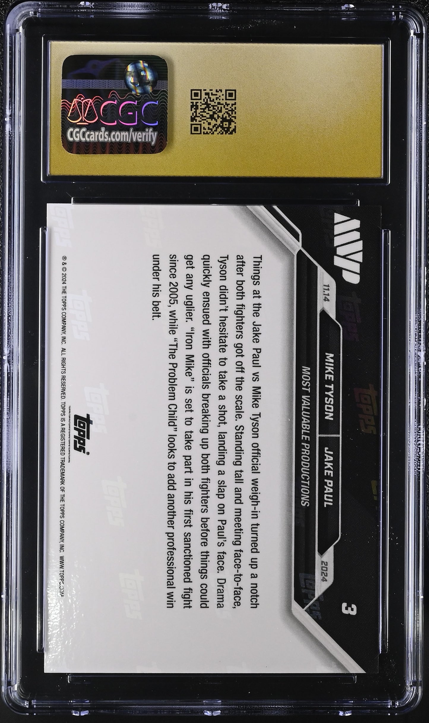 2024 Topps Now Boxing Mike Tyson/Jake Paul #3 CGC Black Label Pristine 10