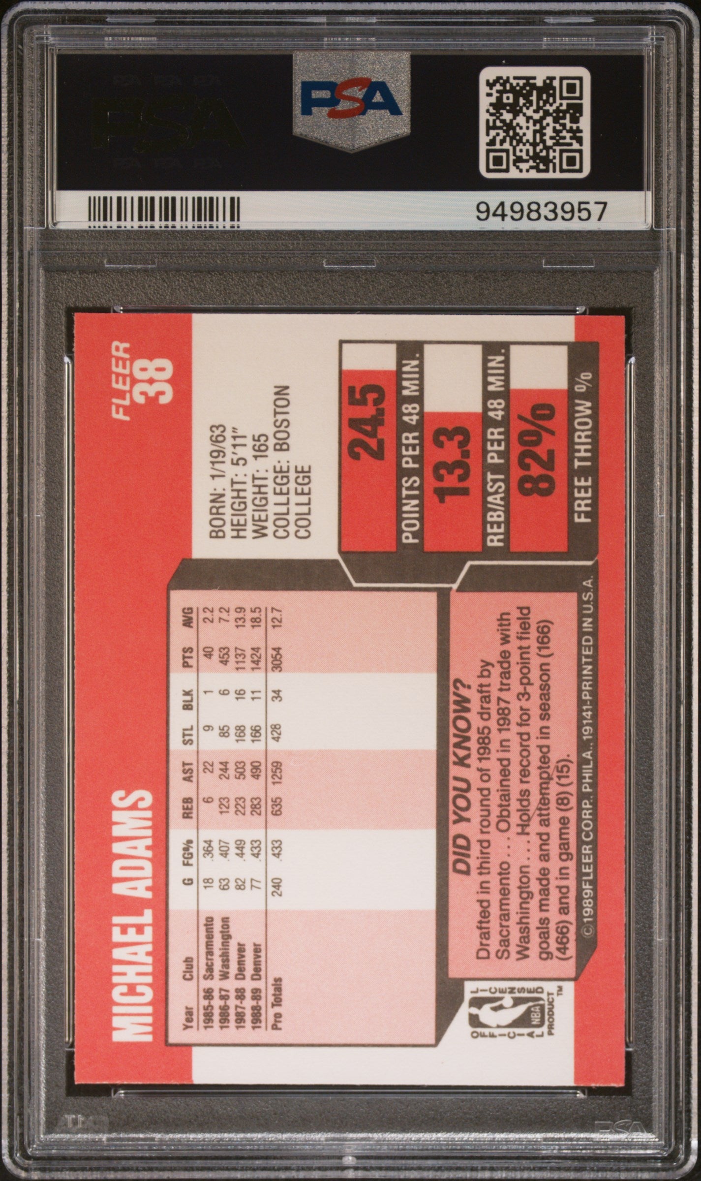 1989 Fleer Michael Adams #38 PSA 9