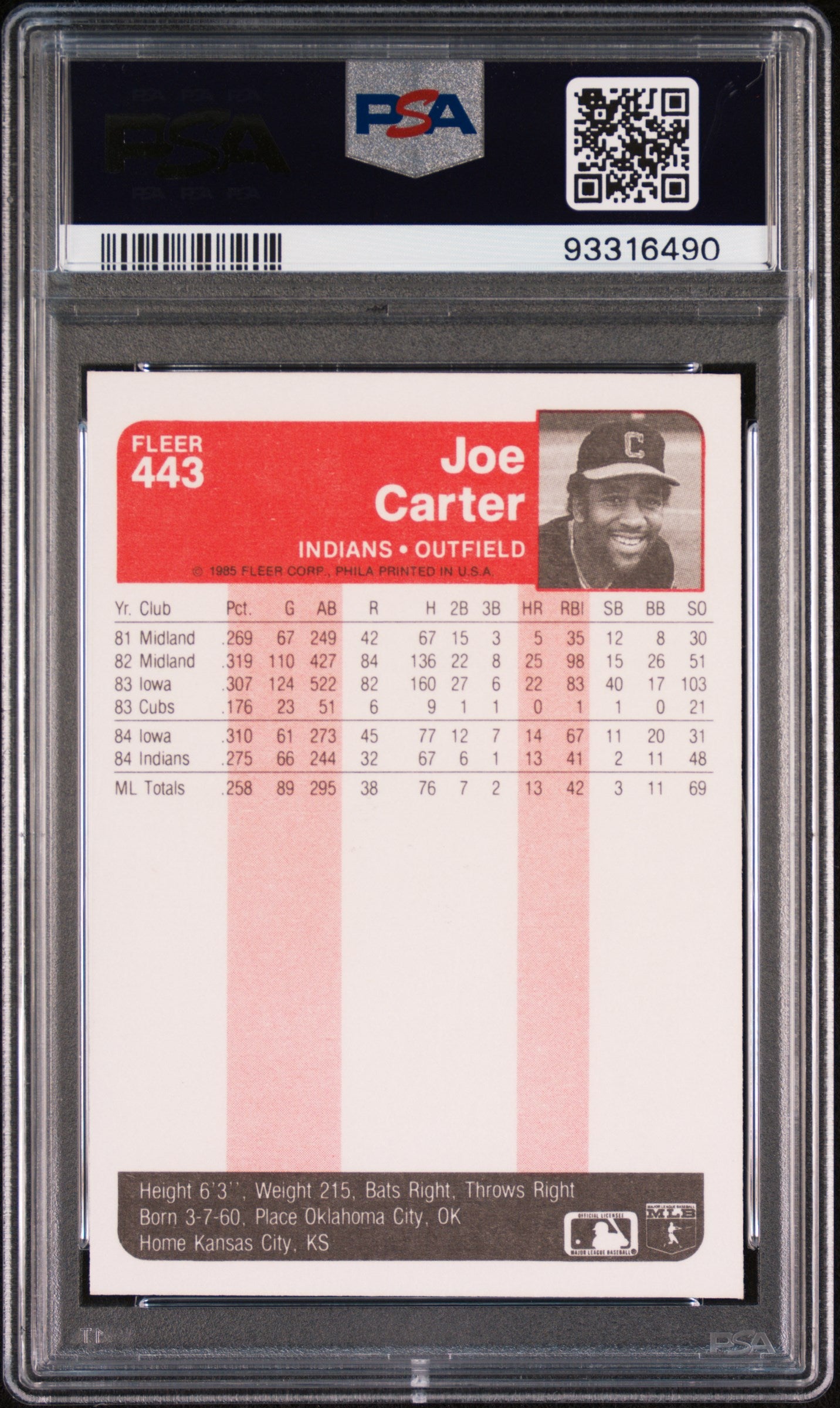 1985 Fleer Joe Carter #443 PSA 9