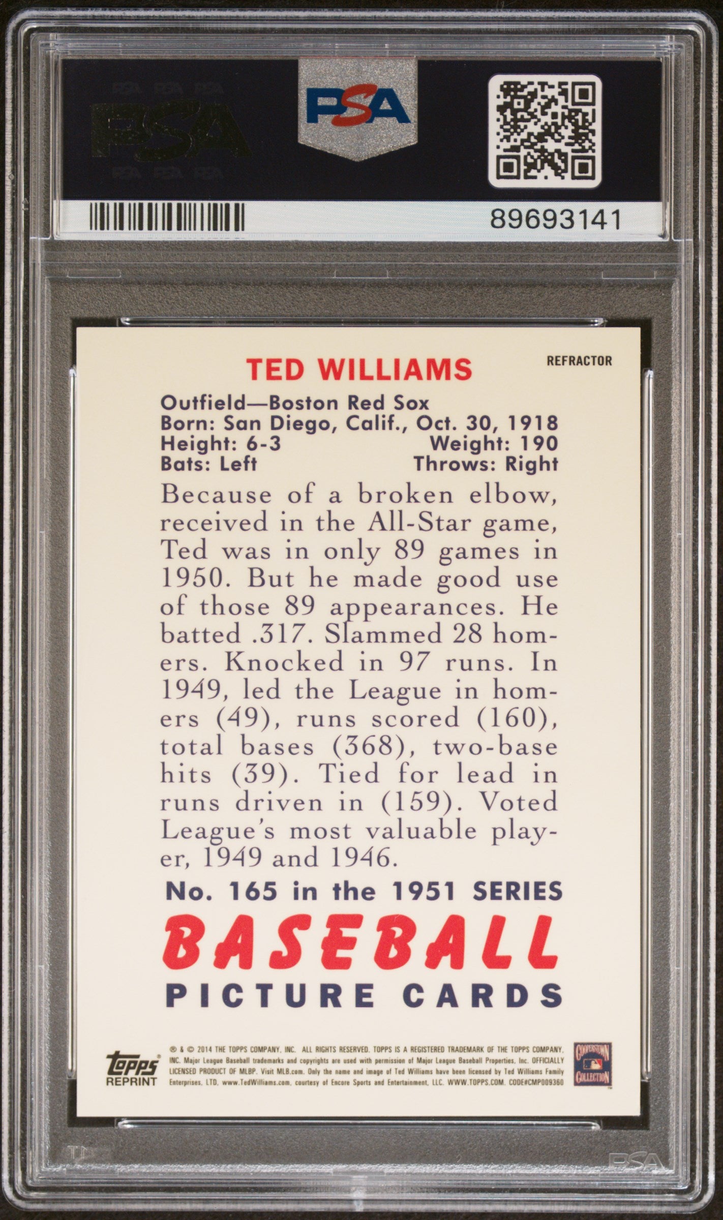 2014 Topps Ted Williams Refractors Ted Williams #165 Refractor '51 Bowman PSA 6