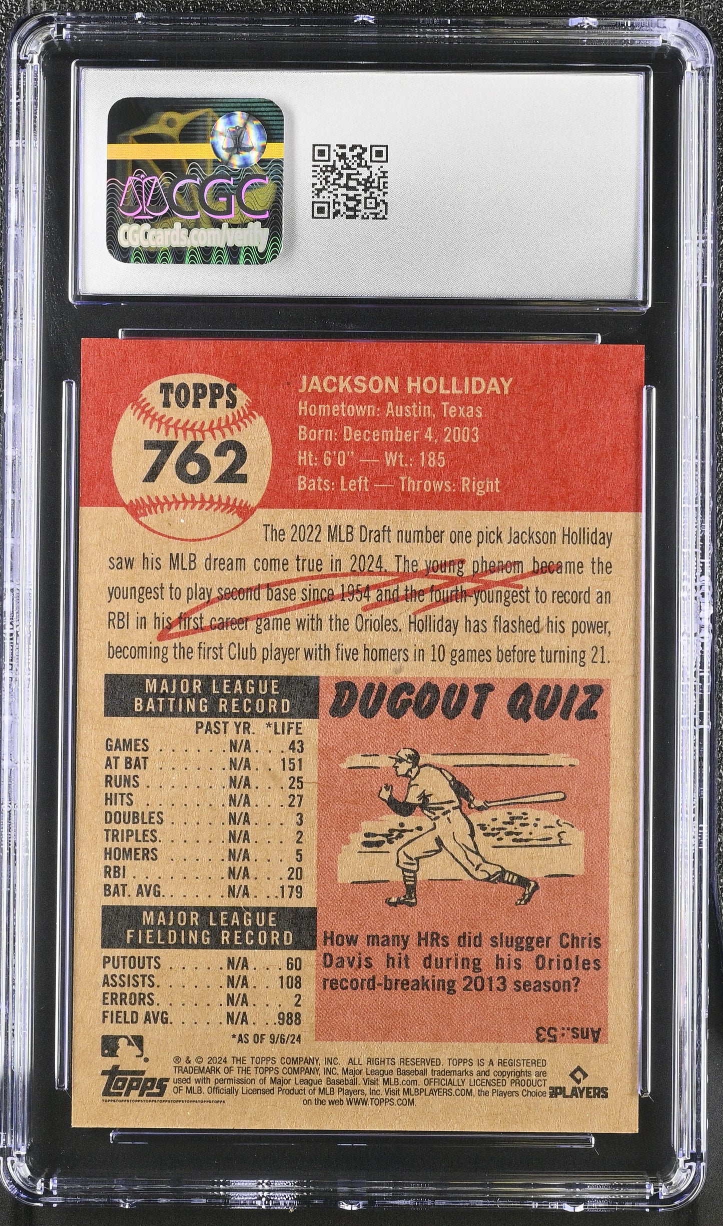 2024 Topps Living Set Jackson Holliday #762 CGC 9.5