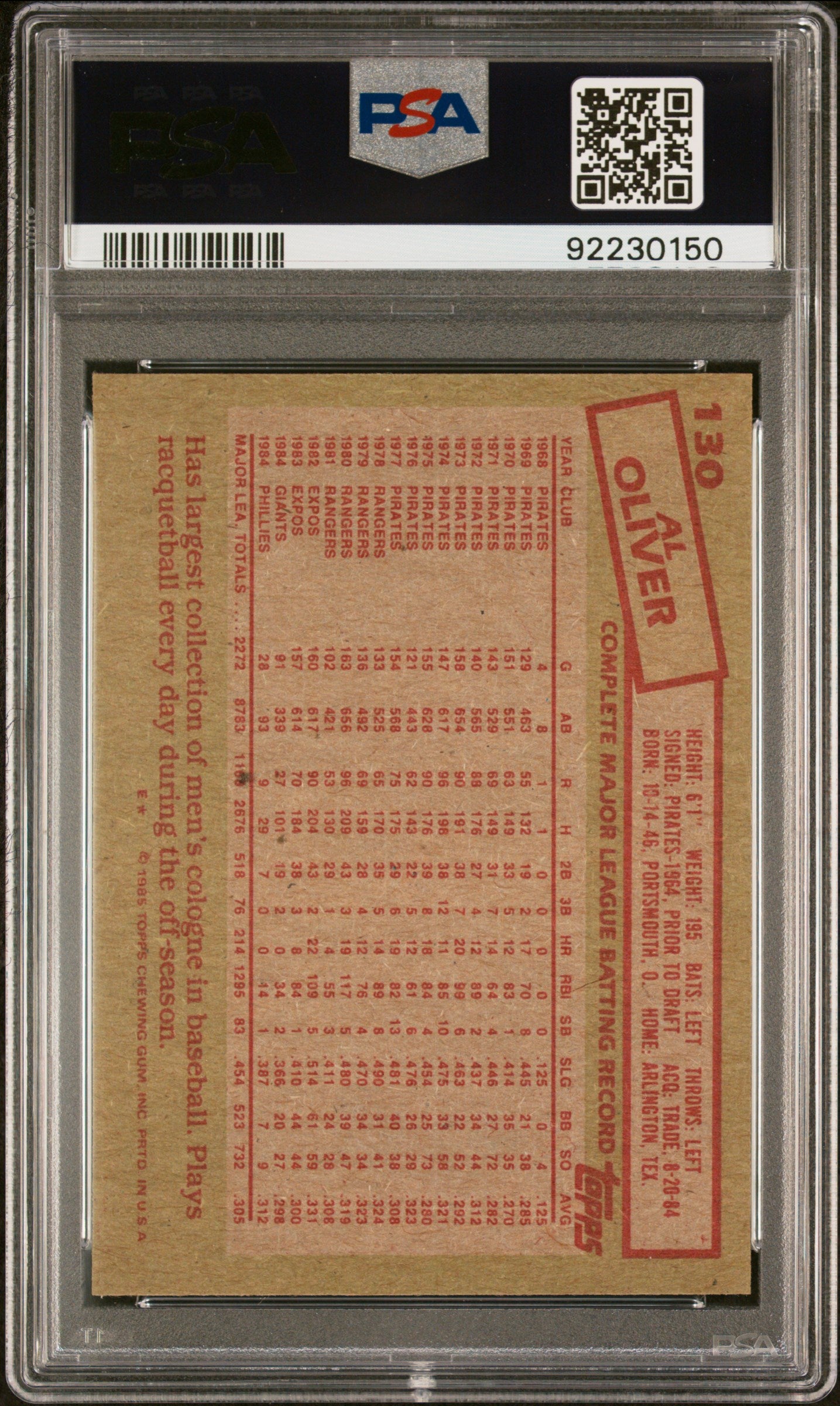 1985 Topps Al Oliver #130 PSA 9