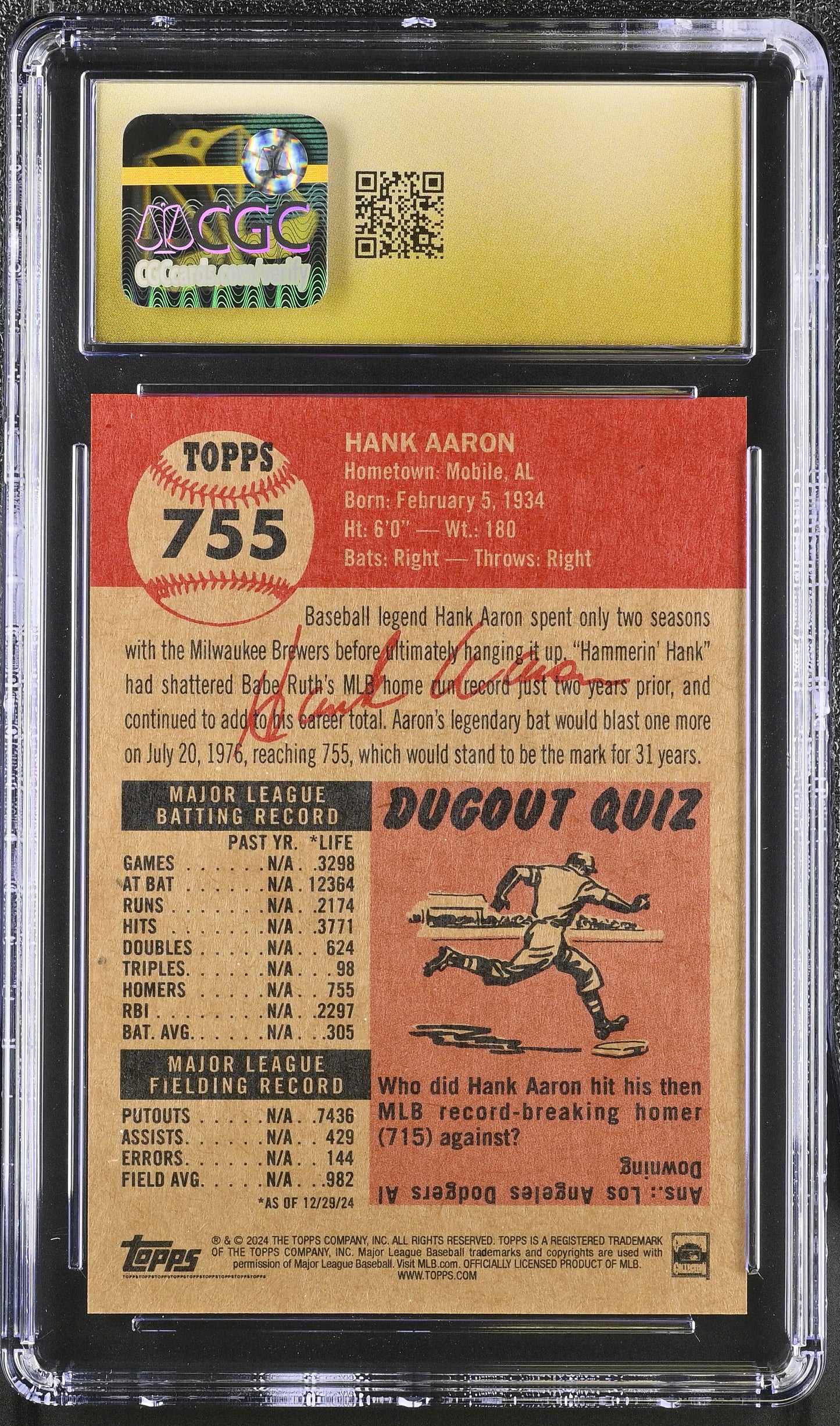 2024 Topps Living Set Hank Aaron #755 CGC 10 Pristine Black Label