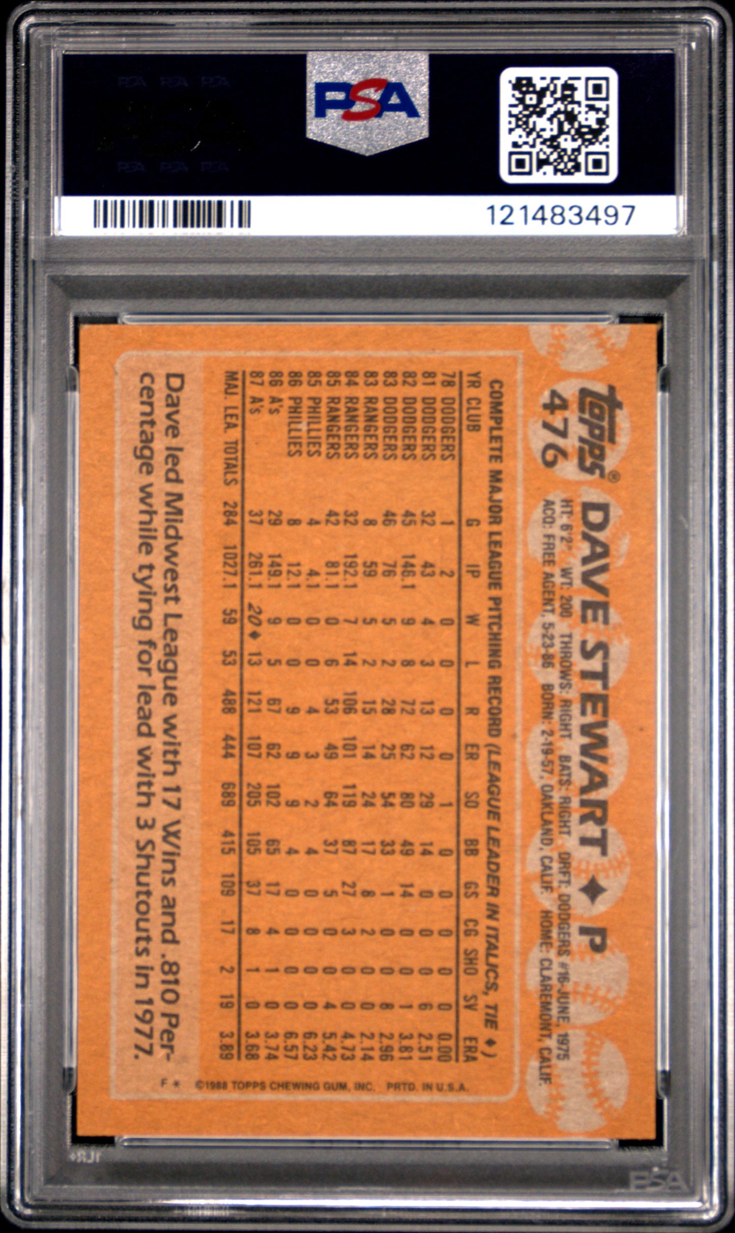 1988 Topps Dave Stewart #476 PSA 9