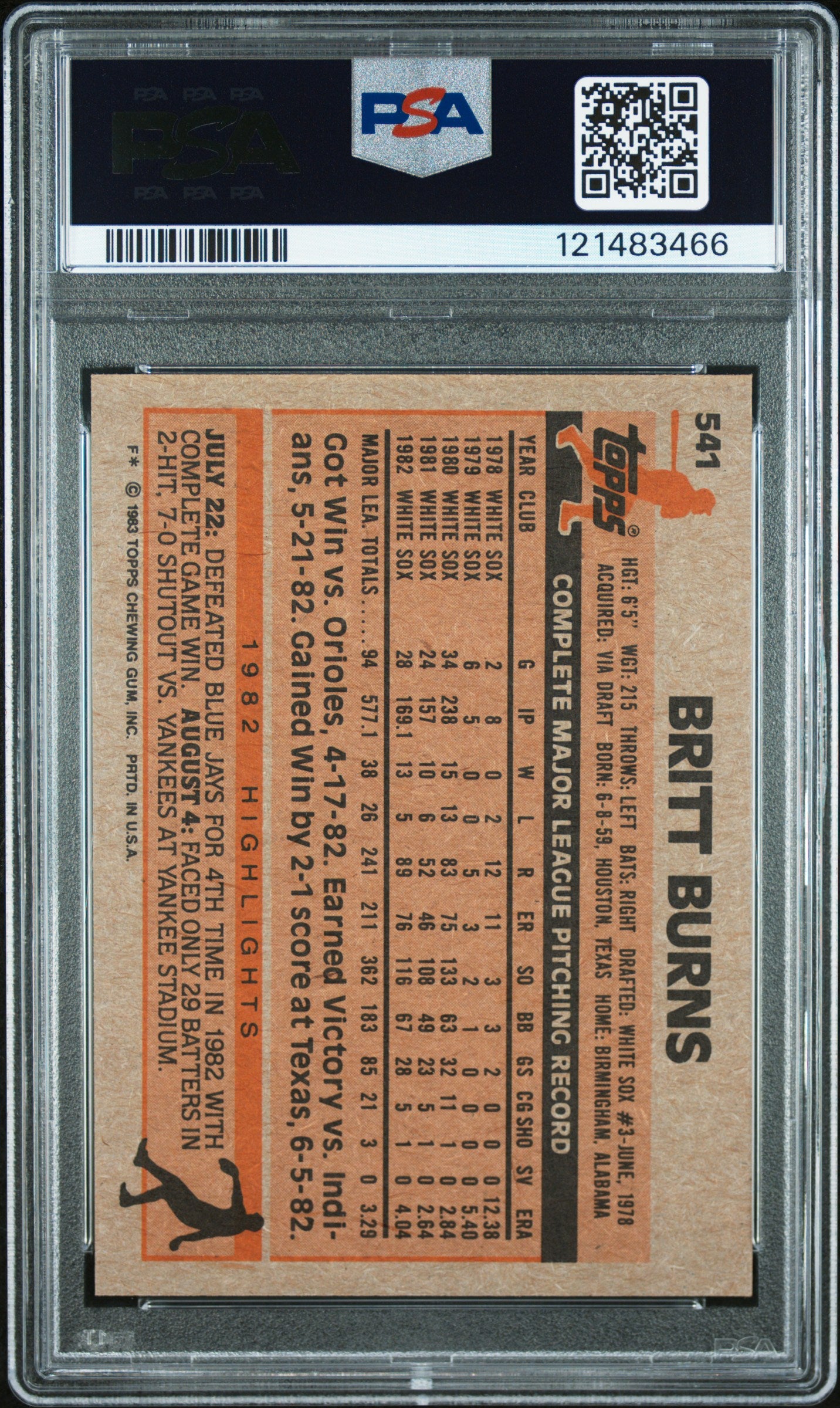 1983 Topps Britt Burns #541 PSA 9