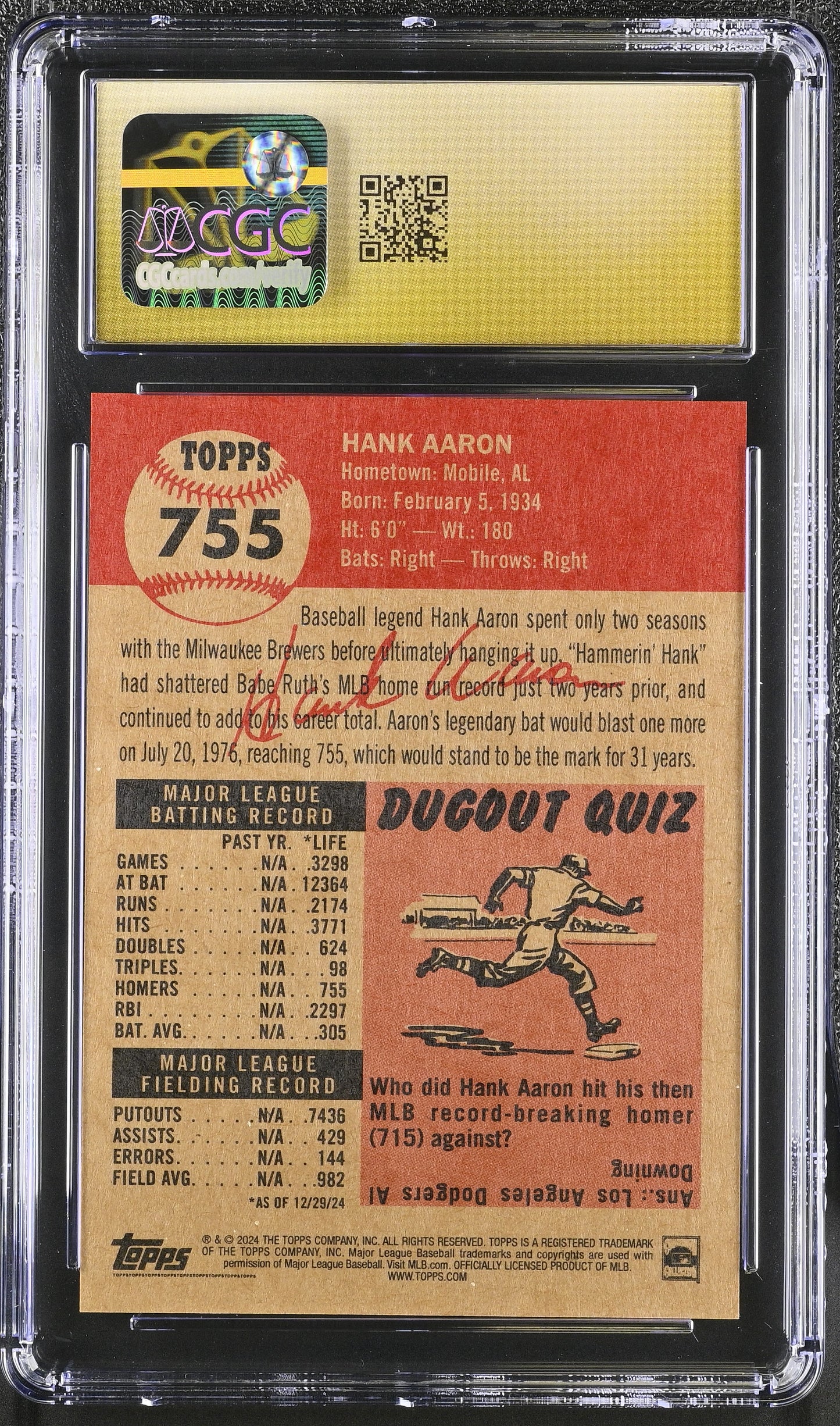 2024 Topps Living Set Hank Aaron #755 CGC 10 Pristine Black Label