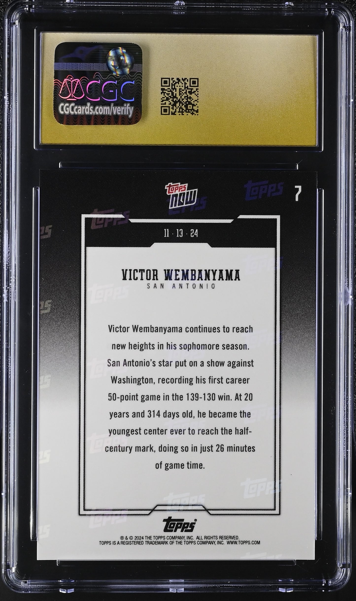 2024-25 Topps Now Victor Wembanyama #7 CGC Black Label Pristine 10